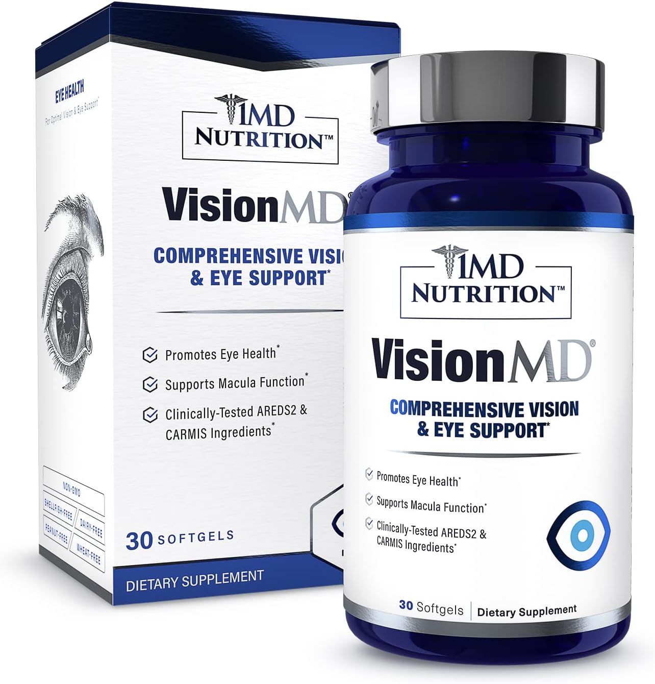 VisionMD Eye Vitamin CARMIS - Eye Supplement for Adults with OptiLut Lutein & Zeaxanthin - Supports Vision Health, Reduces Eye Strain & Dryness - 30 Softgels