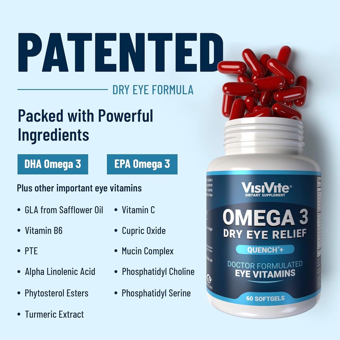 VisiVite Dry Eye Relief Quench+ Eye Vitamins with Omega 3 Fish Oil - 60 Softgels for Dry Eyes - EPA and DHA Supplement