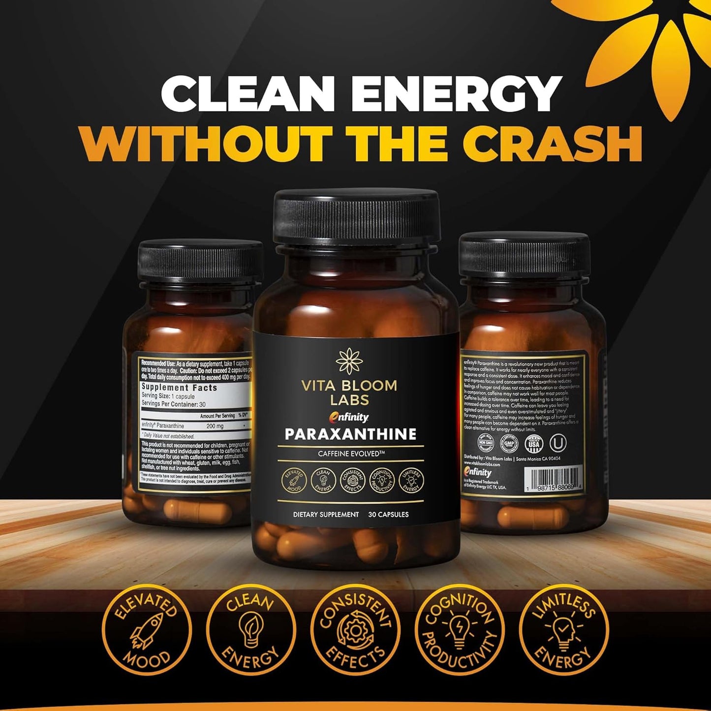 Vita Bloom Labs Enfinity Paraxanthine Capsules - Clean Energy & Focus Boost - Caffeine Alternative - 200mg - 30 Capsules - USA Formulated - GMP Certified