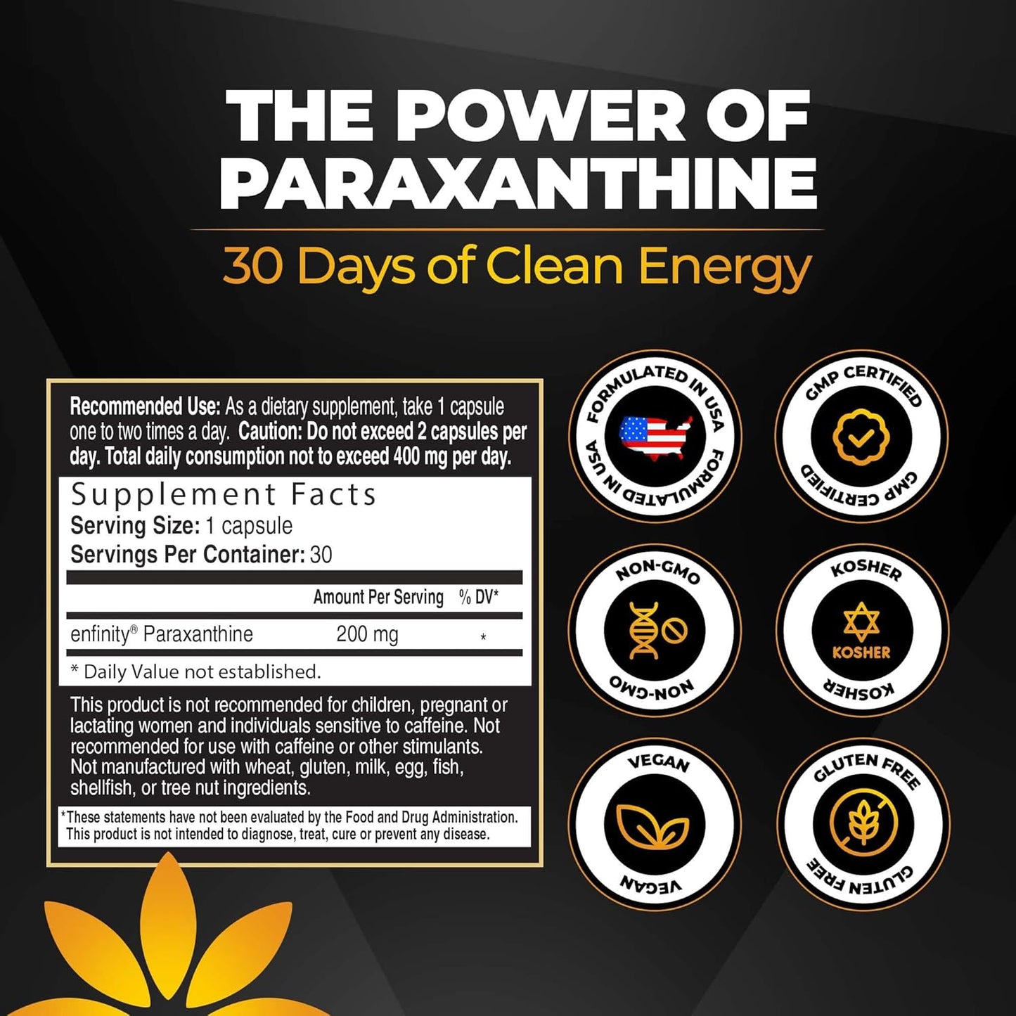 Vita Bloom Labs Enfinity Paraxanthine Capsules - Clean Energy & Focus Boost - Caffeine Alternative - 200mg - 30 Capsules - USA Formulated - GMP Certified
