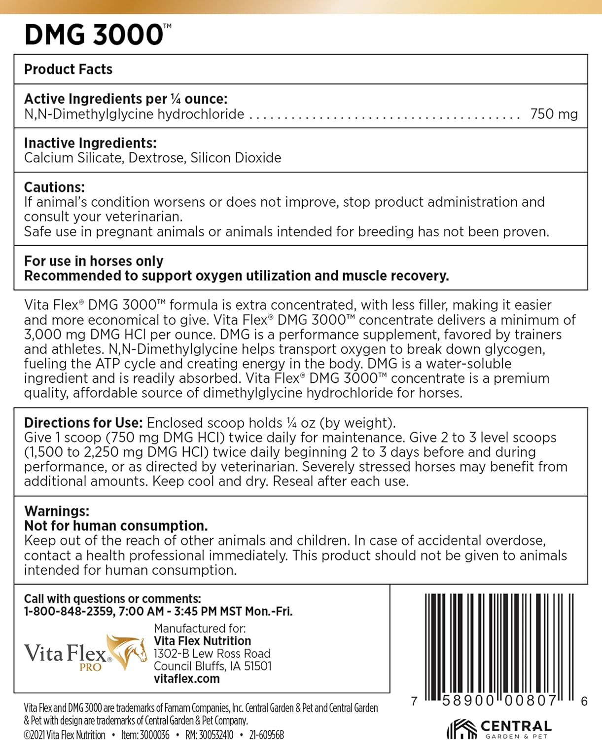 Vita Flex Pro DMG 3000 Equine Concentrate, 4 lb Tub, 128 Day Horse Supplement Supply
