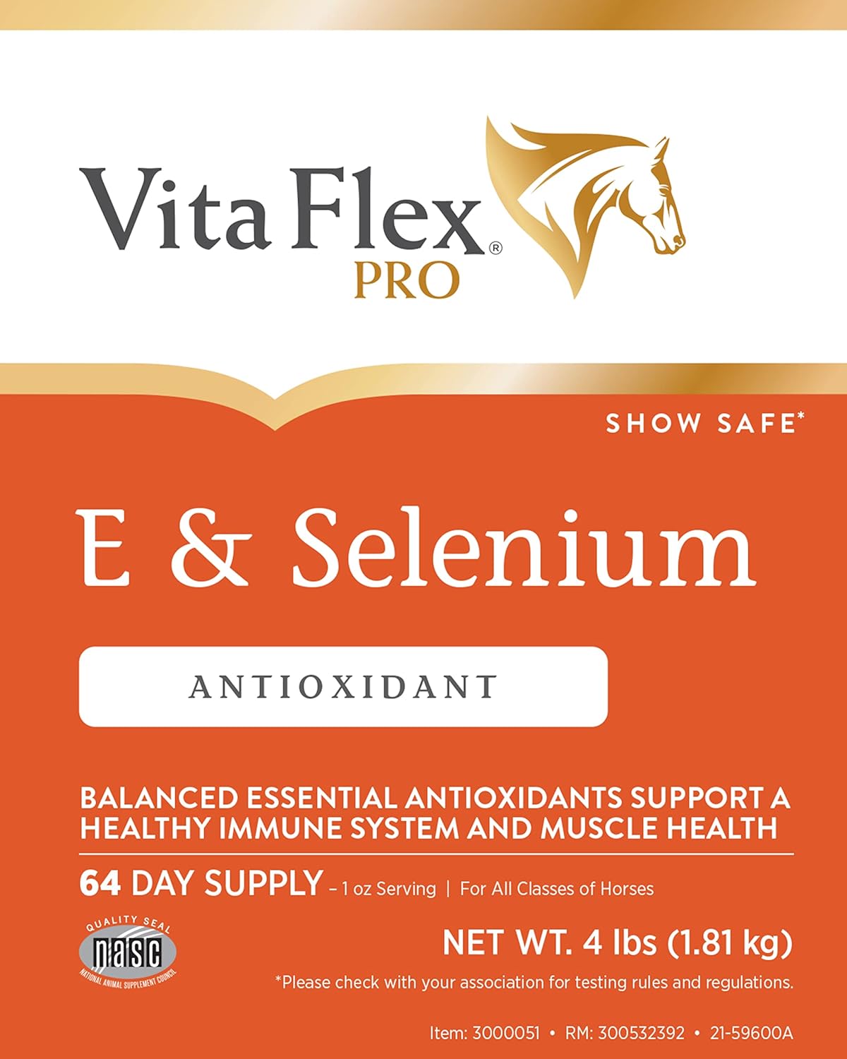 Vita Flex Pro E and Selenium Supplement for Horses, 4lb - Antioxidant-Rich Formula, 64-Day Supply