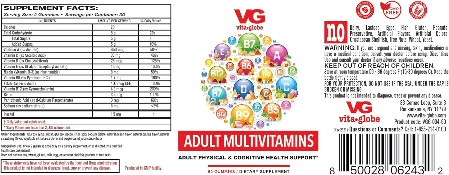 VITA GLOBE Adult Multivitamin Gummy with Essential Vitamins - 60 Count Pack - Vitamin C, D, E, B6, B12, Biotin, Pantothenic Acid, Folate - Daily Supplement for Wellness and Immune Support