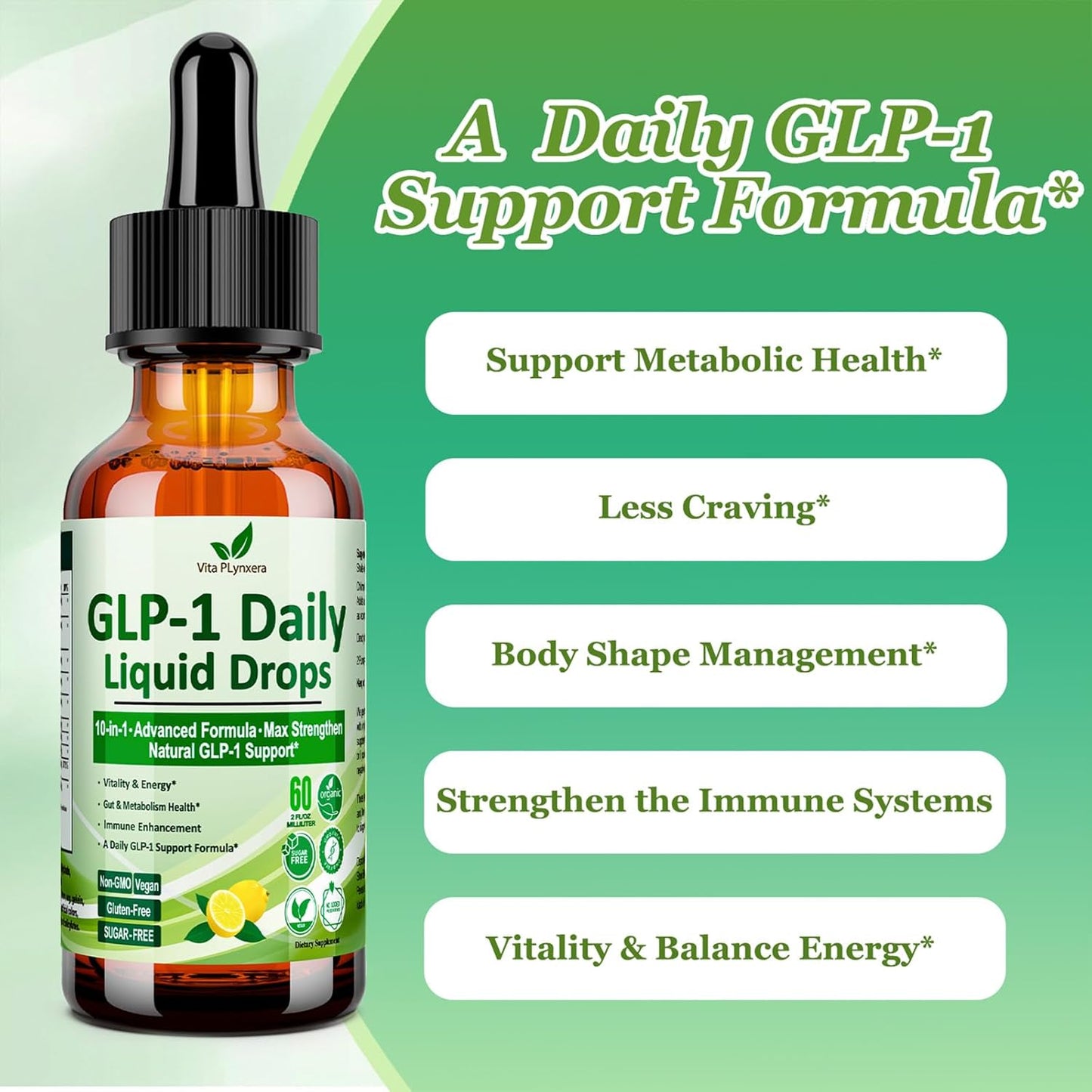 Vita PLynxera GLP-1 Supplement Liquid Drops - Metabolic & Digestive Health Support with Berberine, Cinnamon & Green Tea - Immune Boost
