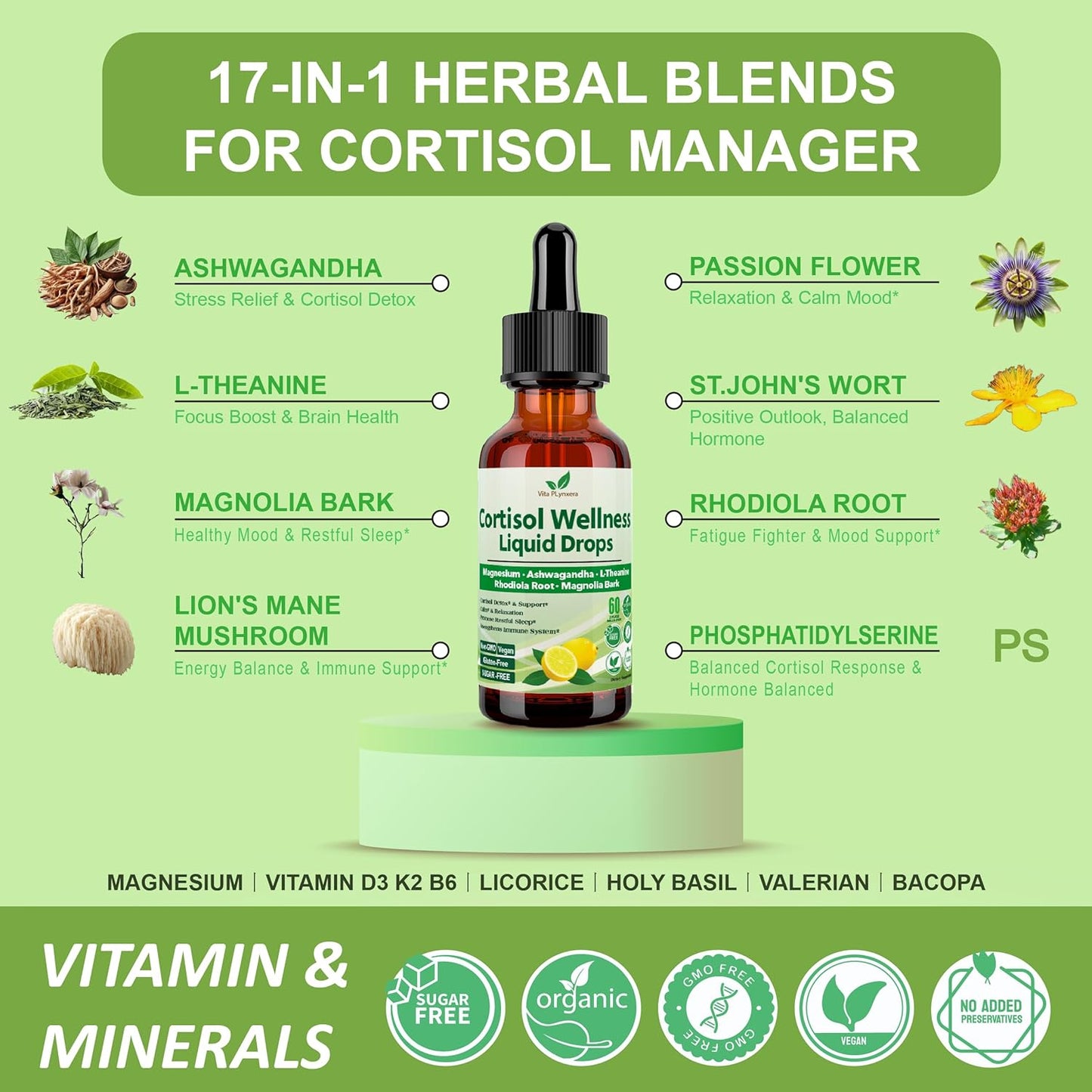 Vita PLynxera Liquid Drops - 17-in-1 Cortisol Detox Supplement with Magnesium Glycinate, Ashwagandha, L-Theanine, Phosphatidylserine - Hormone Balancing for Women - Mood, Focus, Sleep Support