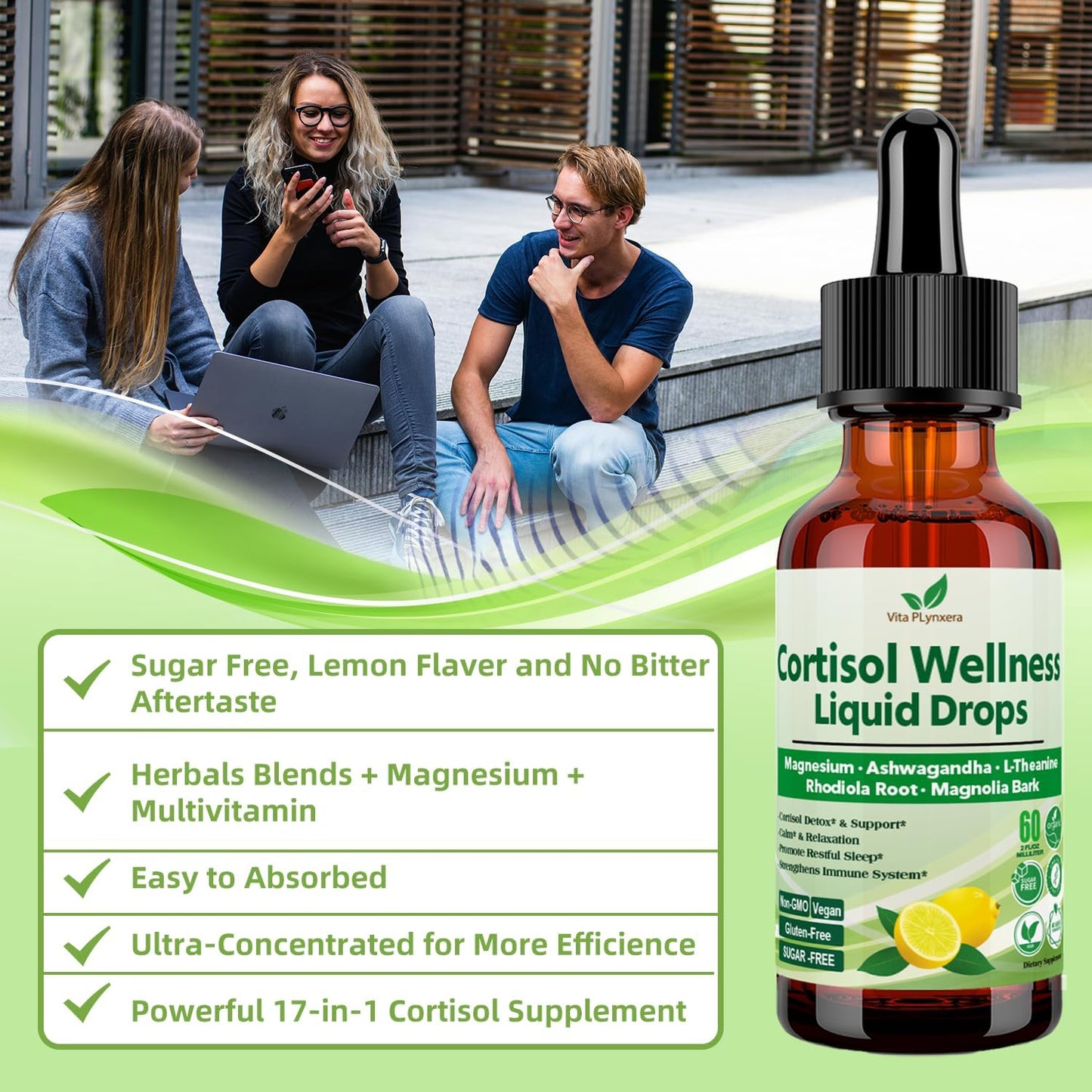 Vita PLynxera Liquid Drops - 17-in-1 Cortisol Detox Supplement with Magnesium Glycinate, Ashwagandha, L-Theanine, Phosphatidylserine - Hormone Balancing for Women - Mood, Focus, Sleep Support