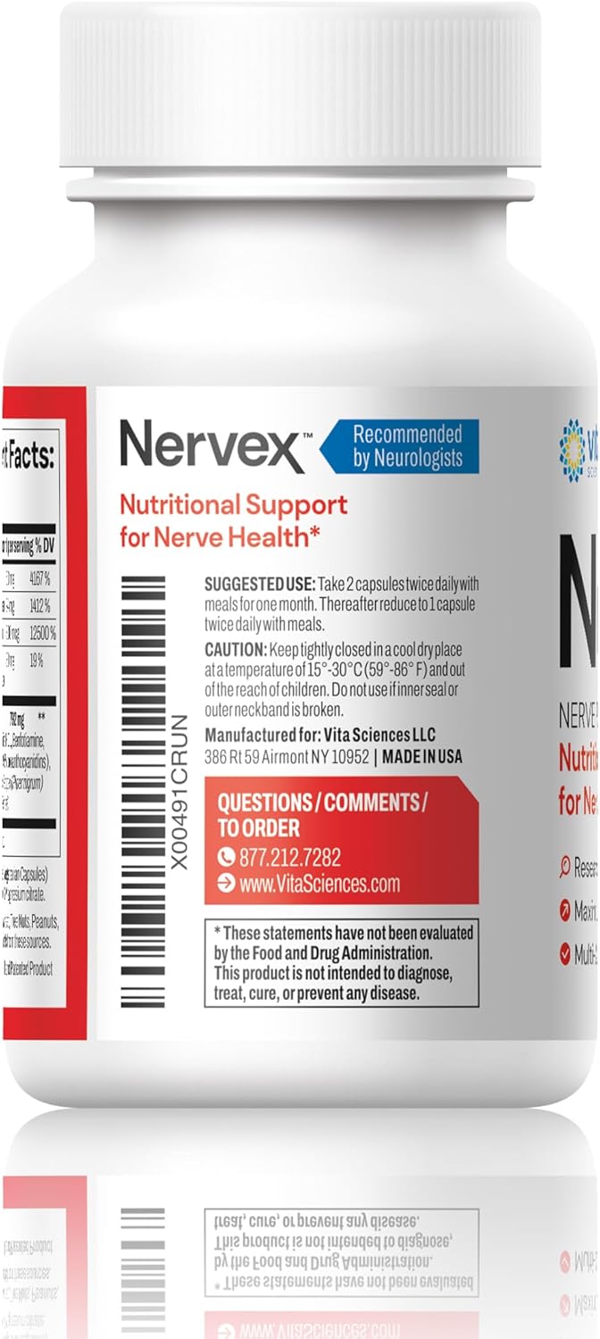 Vita Sciences Nervex Pills - Neuropathy Relief Supplement with Strong R-ALA, Acetyl L-Carnitine, Essential Vitamins - Nerve Health Support - 60 Capsules