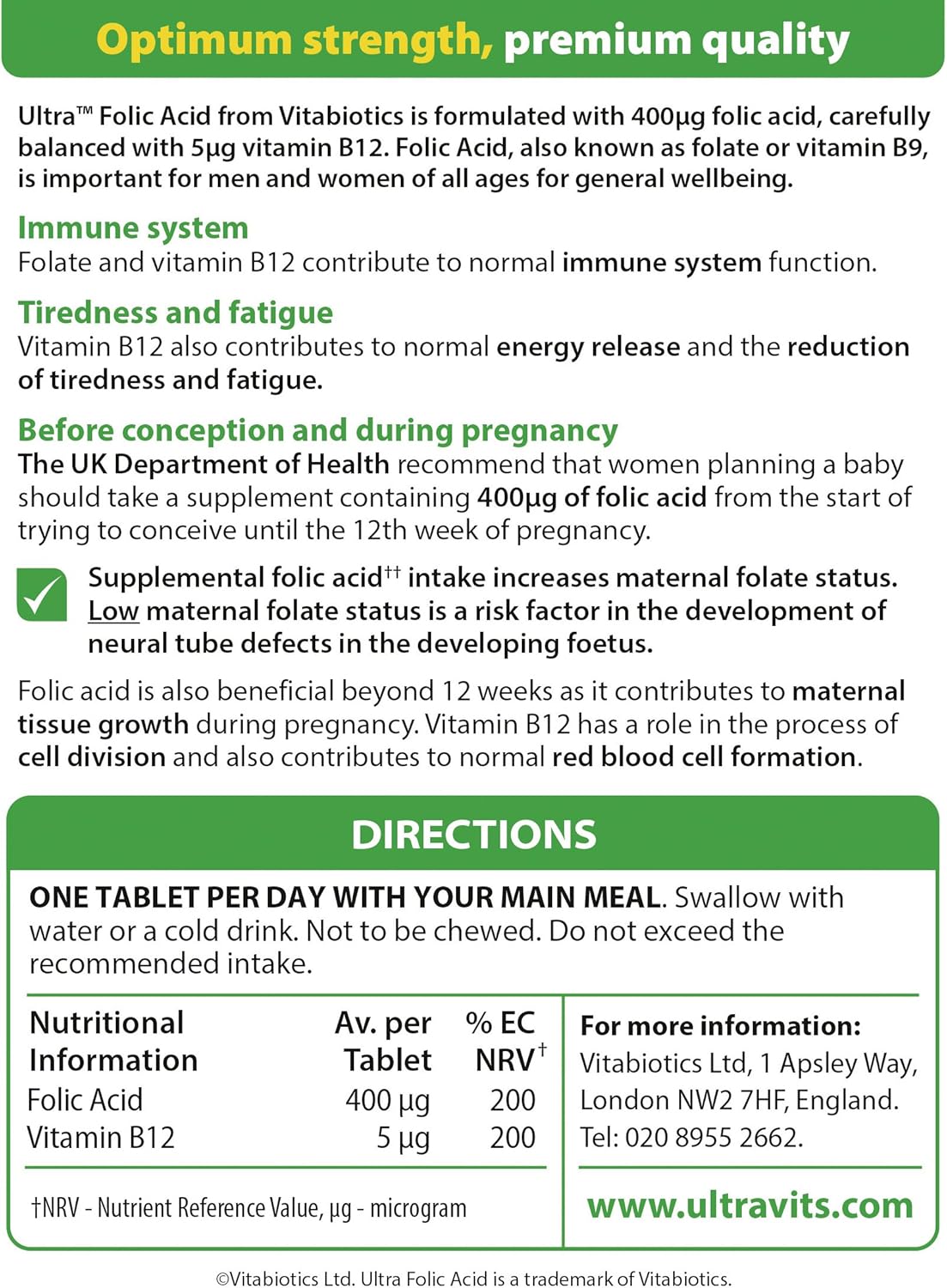 Vitabiotics Ultra Folic Acid 400ug with Vitamin B12 - 60 Tablets for a Healthy Lifestyle