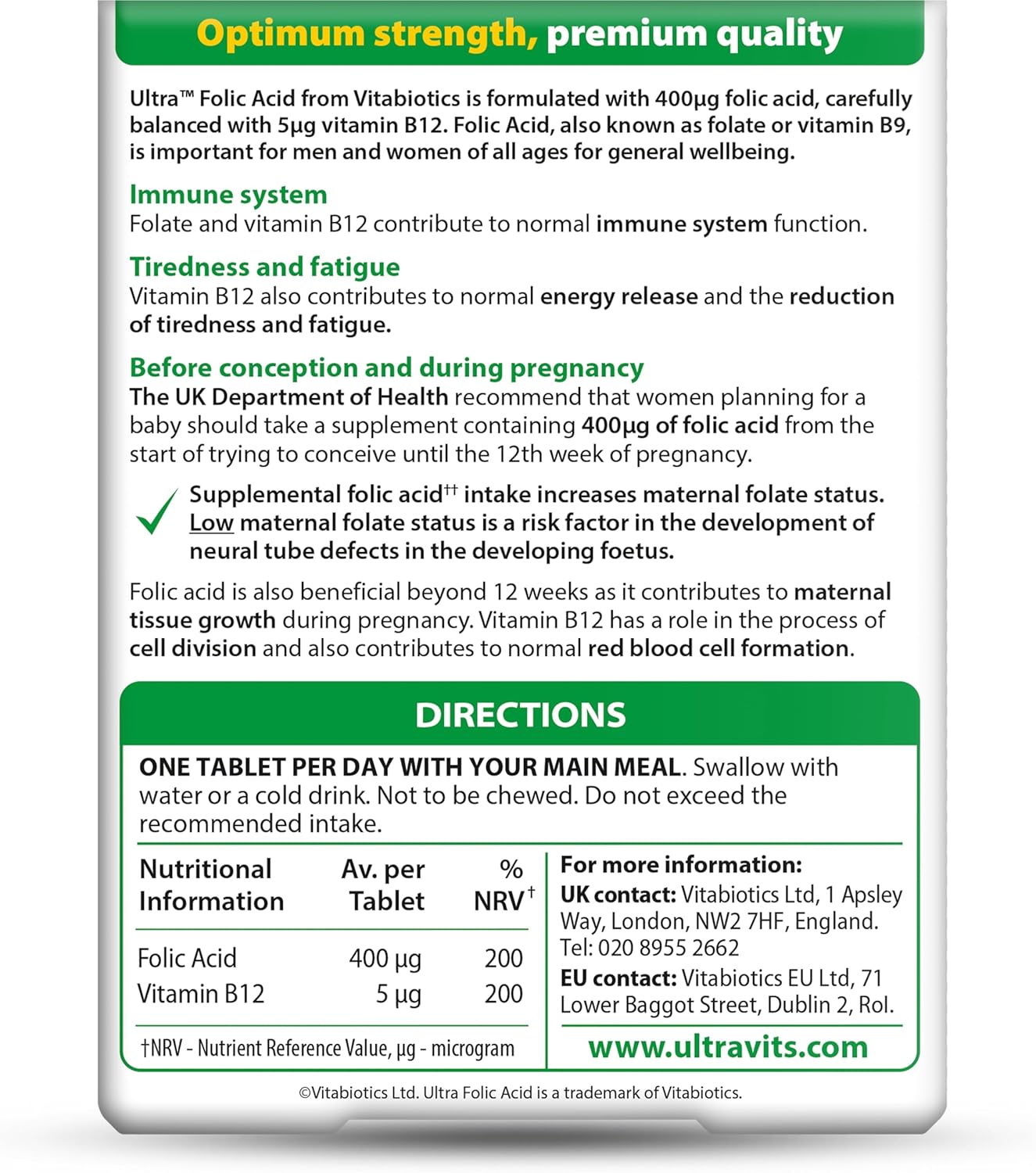 Vitabiotics Ultra Folic Acid 400ug with Vitamin B12 - 60 Tablets for a Healthy Lifestyle