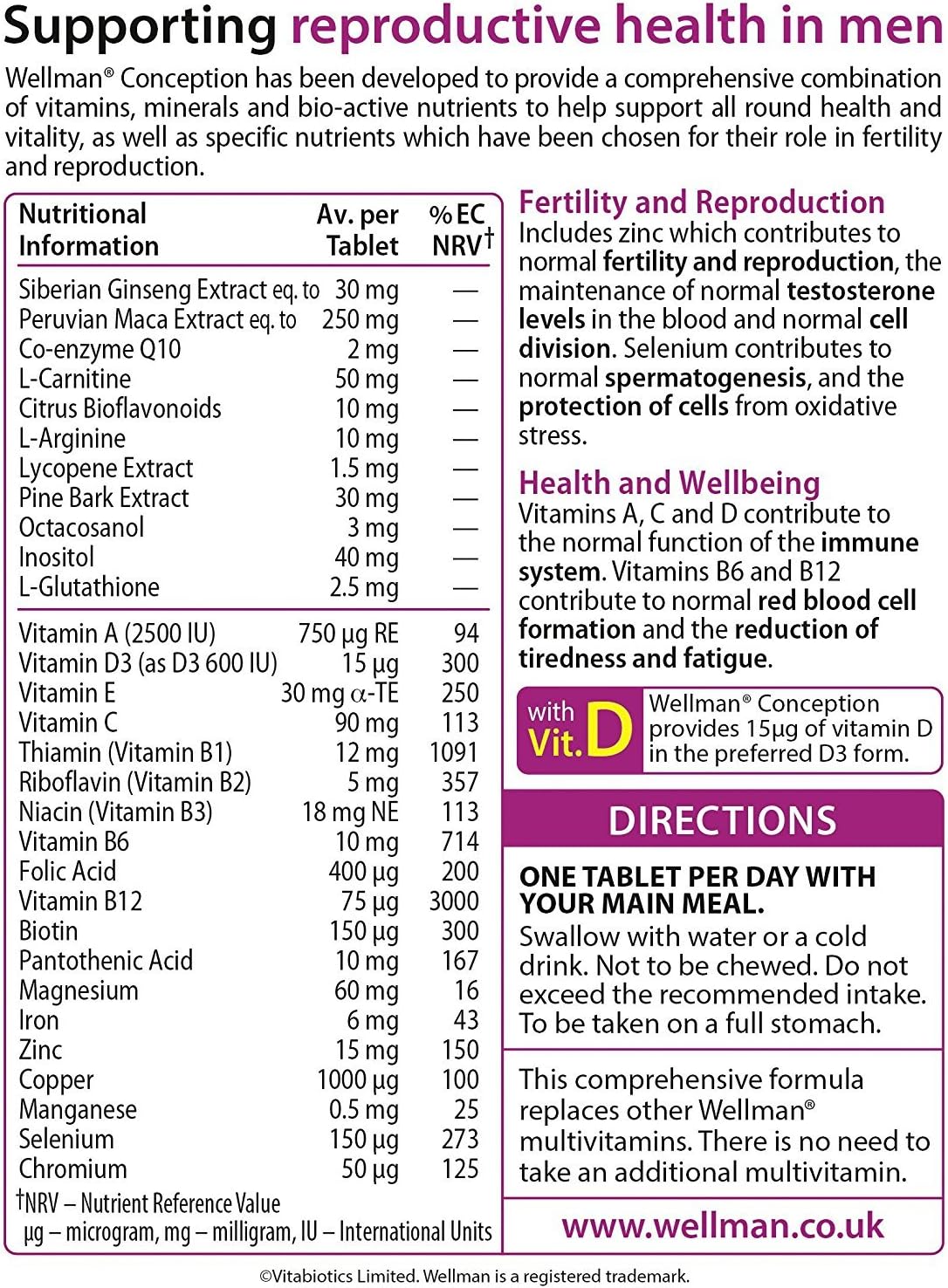 Vitabiotics Wellman Conception 30 Tablets for Men's Fertility & Reproductive Health Support