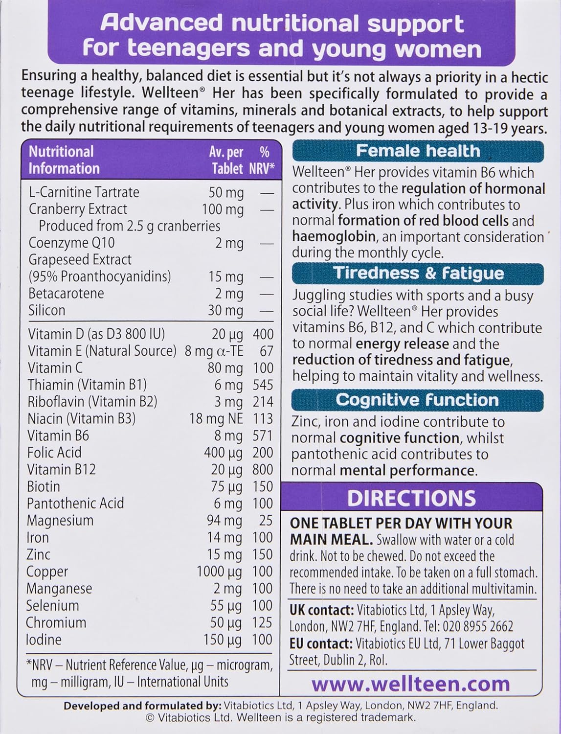 Vitabiotics Wellteen Her - Nutritional Support for Teenage Girls and Young Women - 30 Tablets