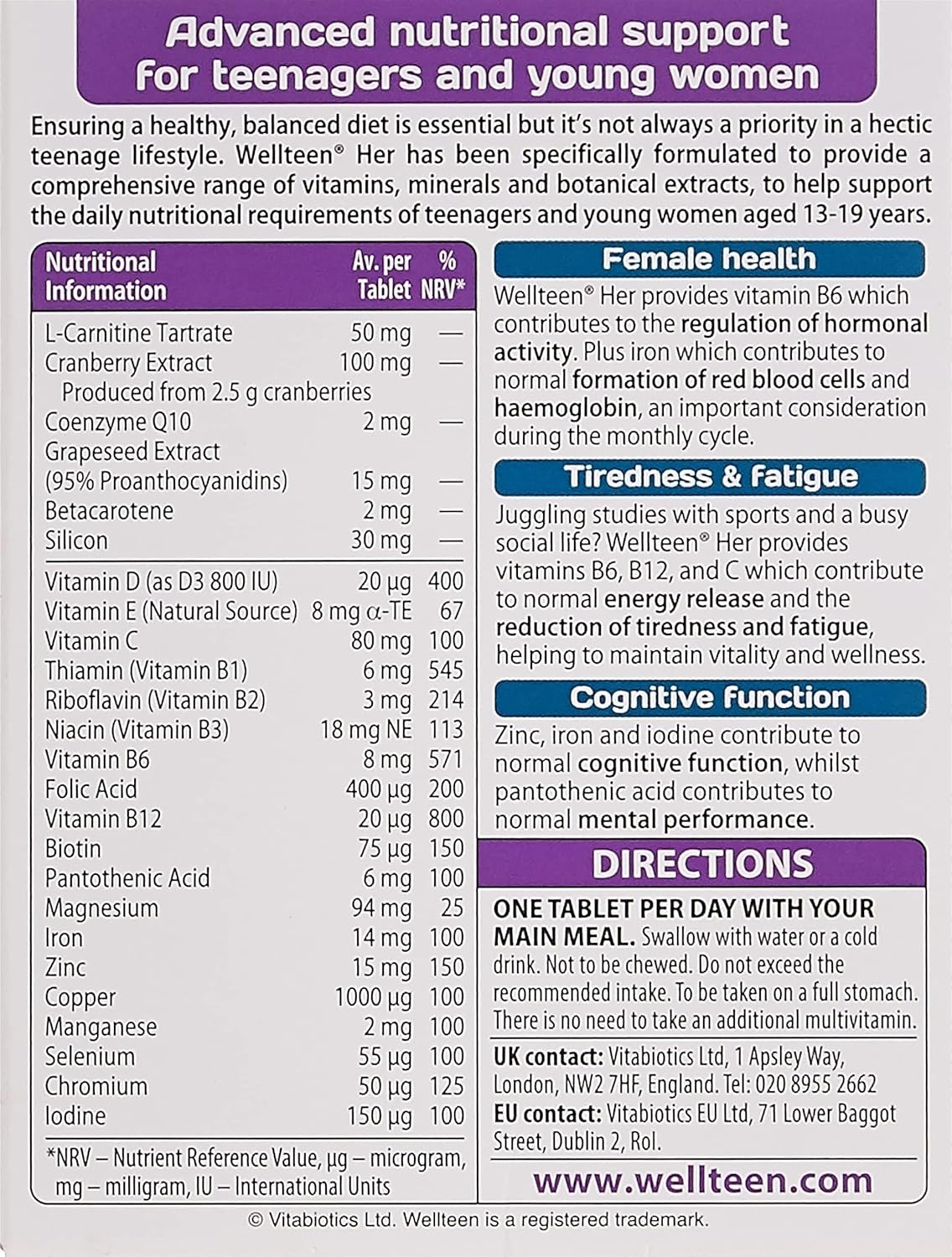 Vitabiotics Wellteen Her - Nutritional Support for Teenage Girls and Young Women - 30 Tablets