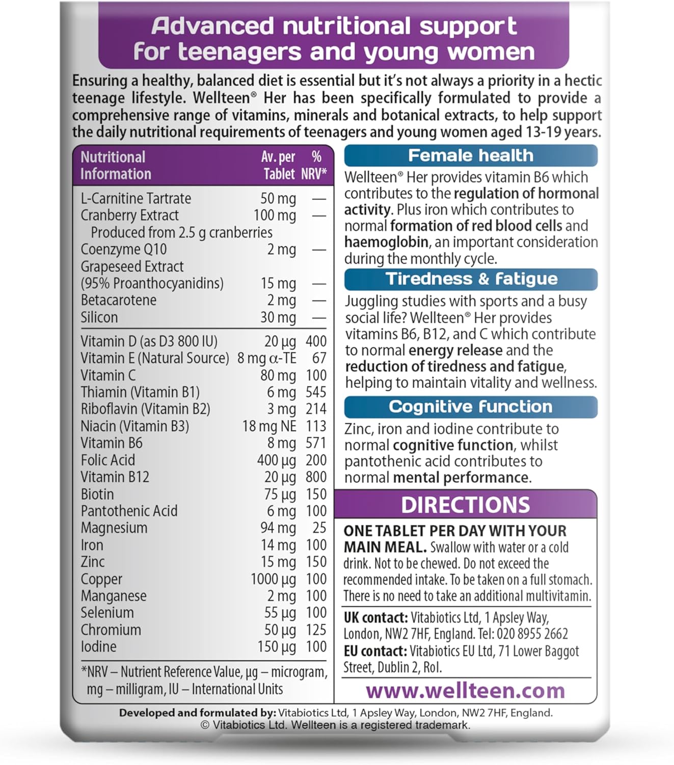 Vitabiotics Wellteen Her - Nutritional Support for Teenage Girls and Young Women - 30 Tablets