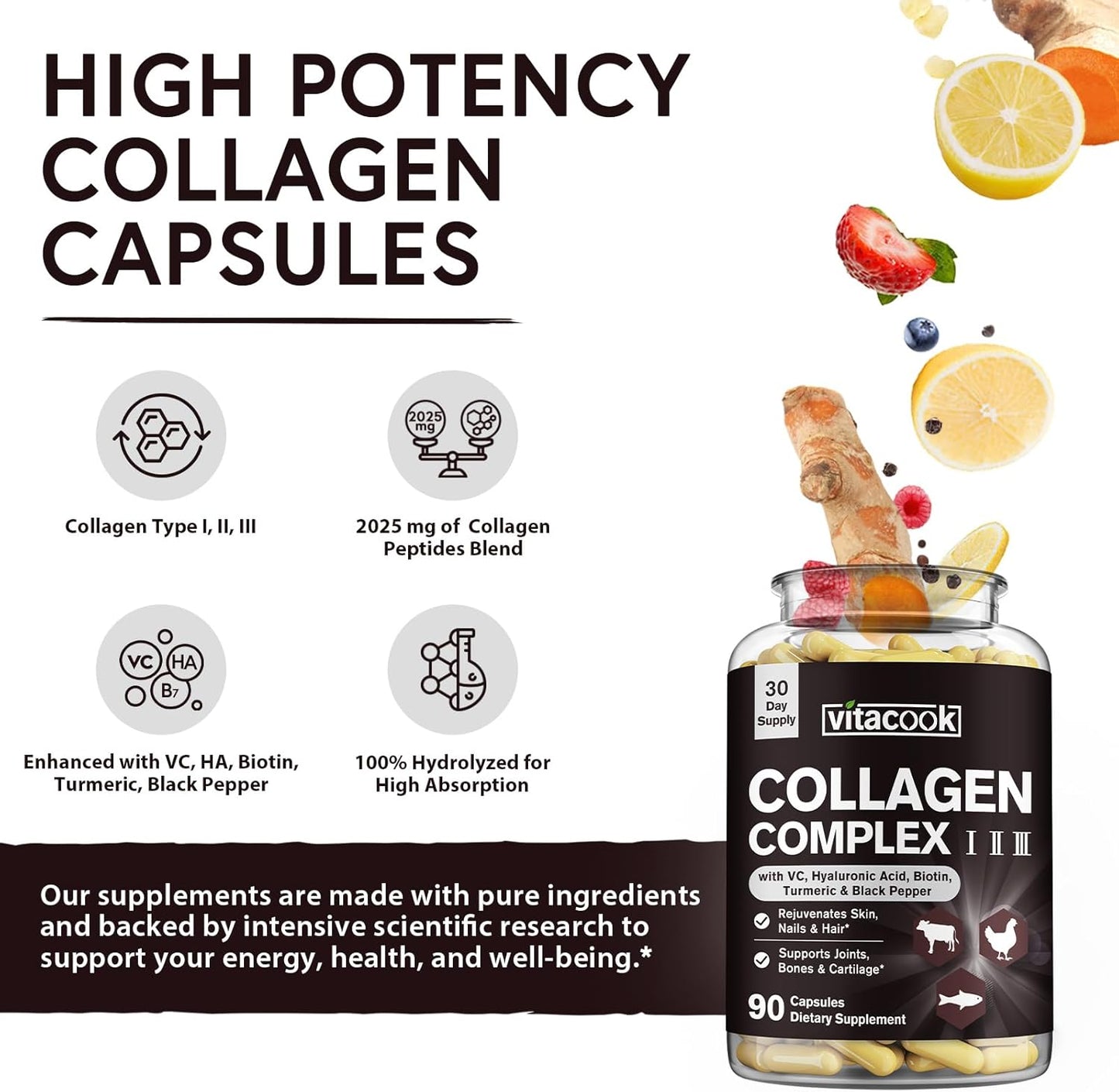 Vitacook Collagen Peptides and Iron Bundle - 2025 MG Collagen, Zero Sugar, 65 MG Elemental Iron, Carbonyl Iron with Vitamin C - Gentle on The Stomach