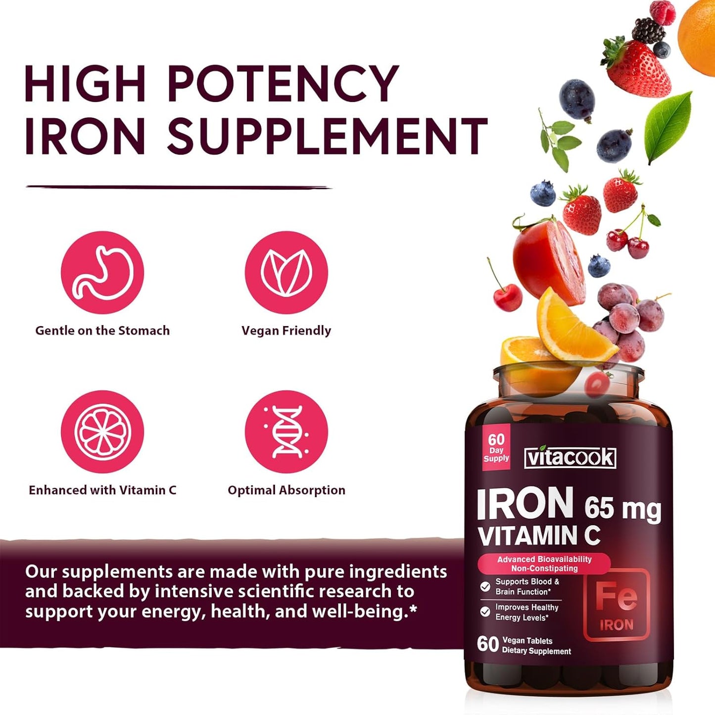 Vitacook Collagen Peptides and Iron Bundle - 2025 MG Collagen, Zero Sugar, 65 MG Elemental Iron, Carbonyl Iron with Vitamin C - Gentle on The Stomach
