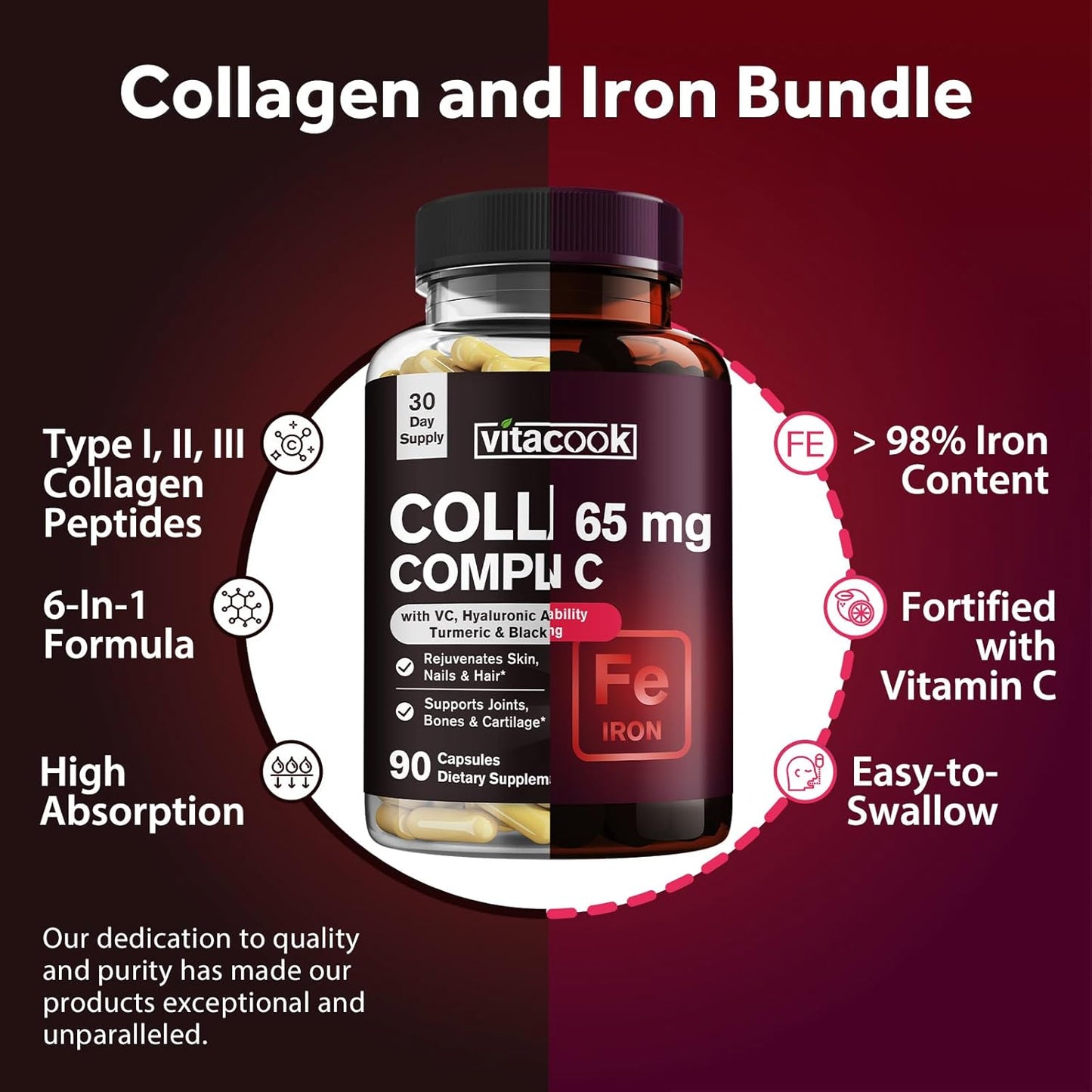 Vitacook Collagen Peptides and Iron Bundle - 2025 MG Collagen, Zero Sugar, 65 MG Elemental Iron, Carbonyl Iron with Vitamin C - Gentle on The Stomach