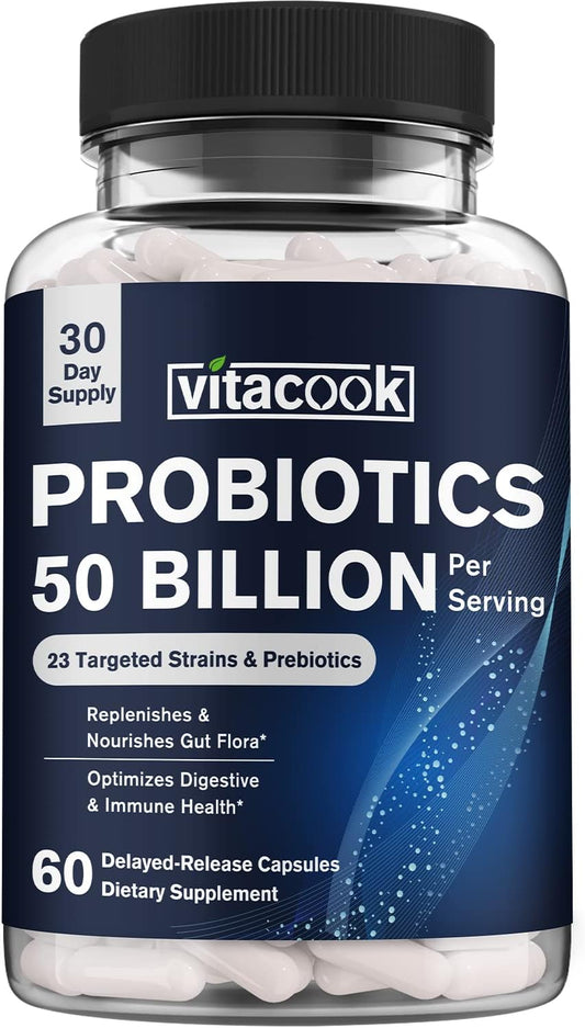 Vitacook Probiotics 50 Billion: 23 Strains + Organic Prebiotics, Digestive & Immune Support - Freeze-Dried Vegan Caps, Delayed-Release Formula