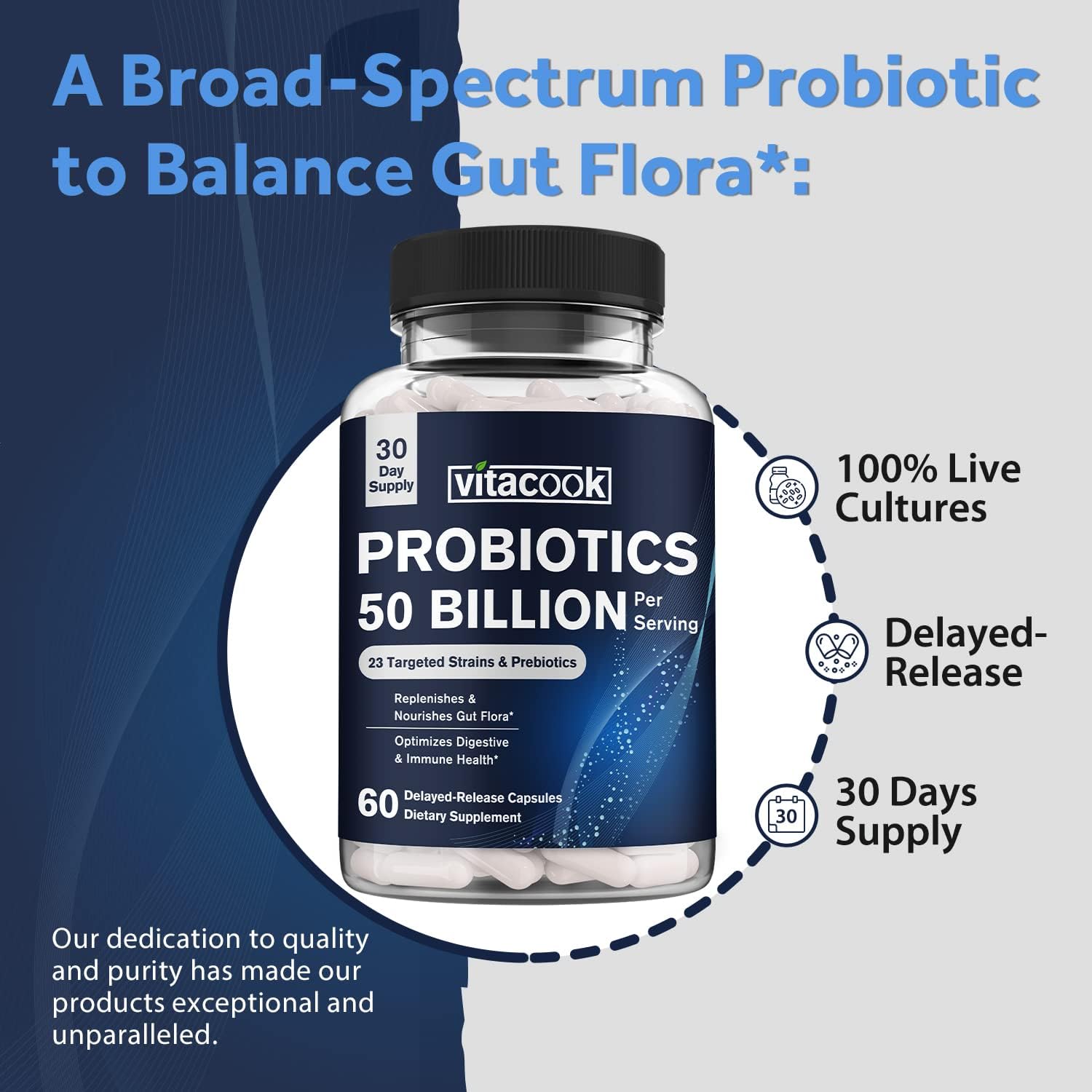 Vitacook Probiotics 50 Billion: 23 Strains + Organic Prebiotics, Digestive & Immune Support - Freeze-Dried Vegan Caps, Delayed-Release Formula