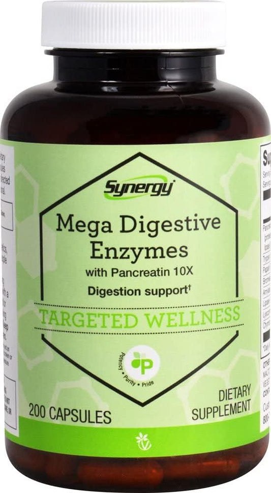 Vitacost Synergy Mega Digestive Enzymes with Pancreatin 10X - 200 Capsules for Improved Digestion and Nutrient Absorption