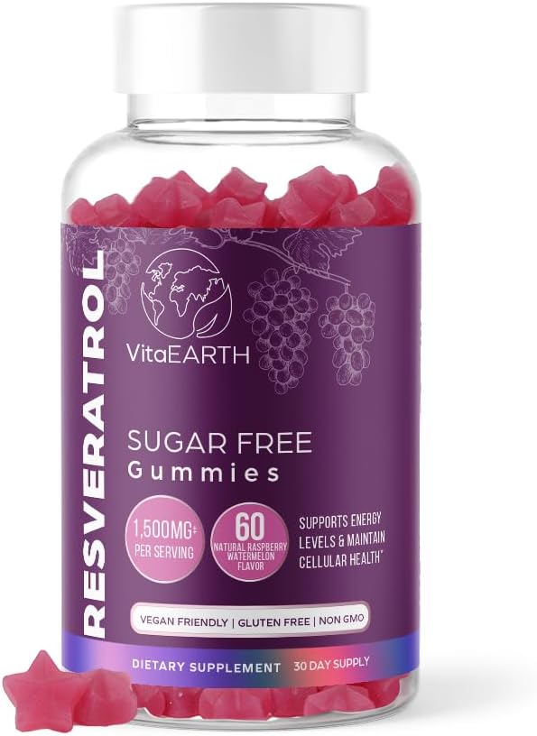 VitaEARTH Anti Aging Resveratrol Supplement – 1500mg Resveratrol Gummies for Heart, Immune System – Raspberry Watermelon Flavored Antioxidants Supplement Energy Booster Supports Brain, Cellular Health