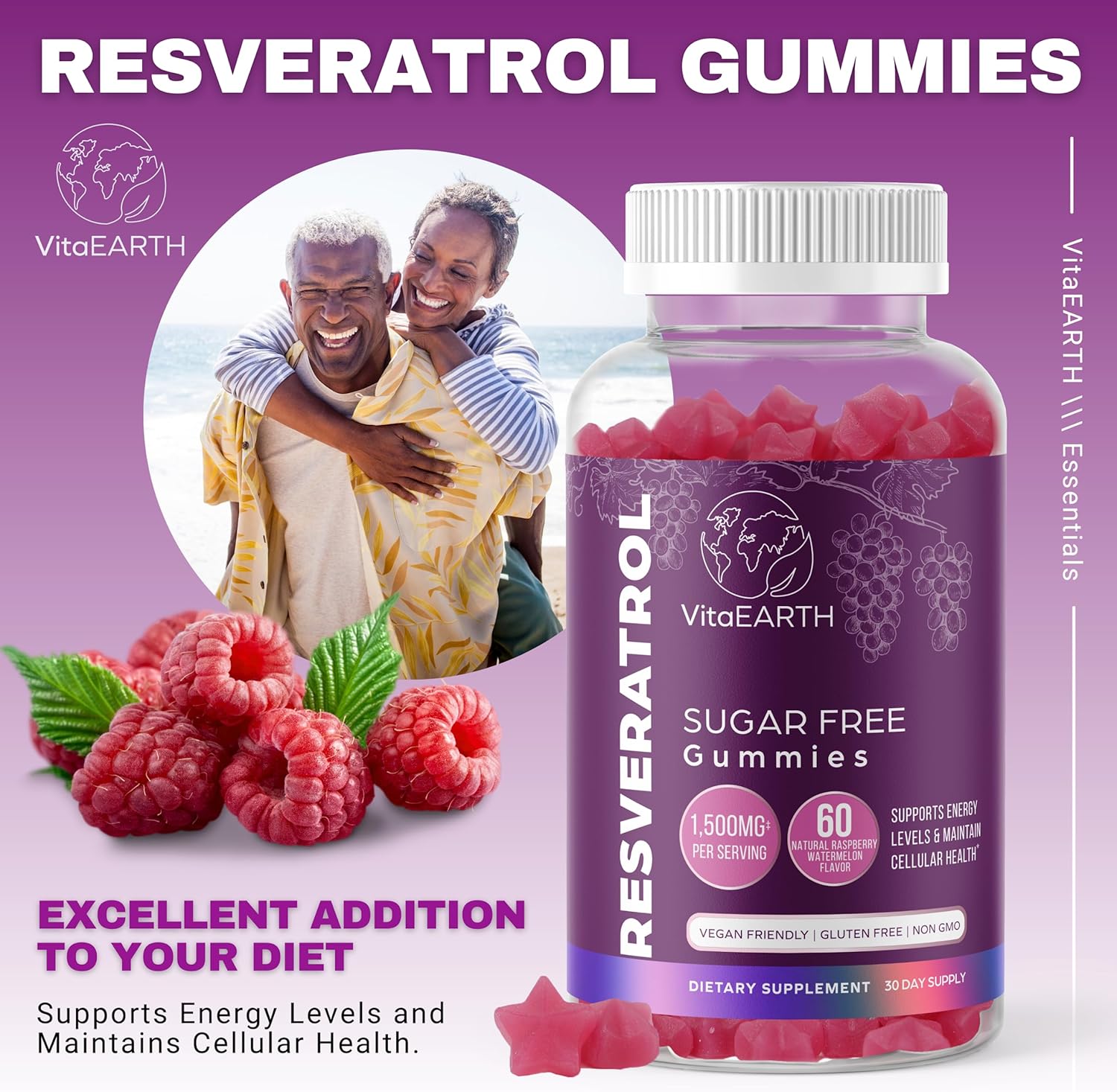 VitaEARTH Anti Aging Resveratrol Supplement – 1500mg Resveratrol Gummies for Heart, Immune System – Raspberry Watermelon Flavored Antioxidants Supplement Energy Booster Supports Brain, Cellular Health