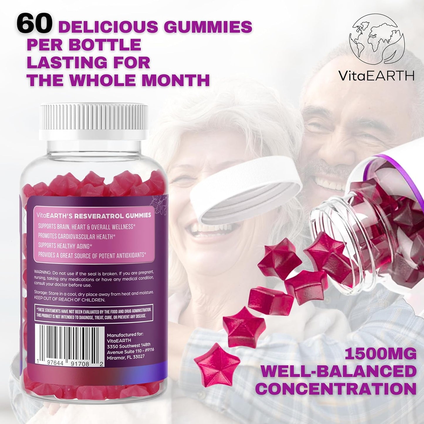VitaEARTH Anti Aging Resveratrol Supplement – 1500mg Resveratrol Gummies for Heart, Immune System – Raspberry Watermelon Flavored Antioxidants Supplement Energy Booster Supports Brain, Cellular Health