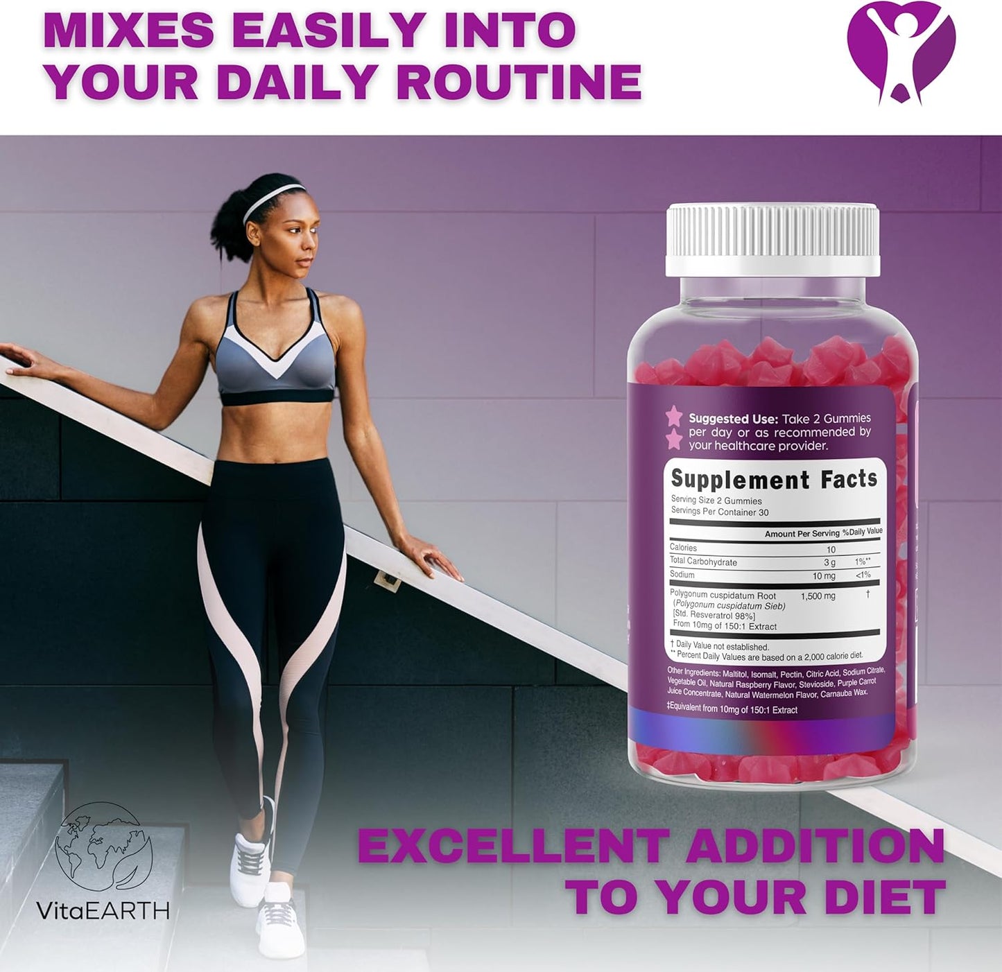 VitaEARTH Anti Aging Resveratrol Supplement – 1500mg Resveratrol Gummies for Heart, Immune System – Raspberry Watermelon Flavored Antioxidants Supplement Energy Booster Supports Brain, Cellular Health