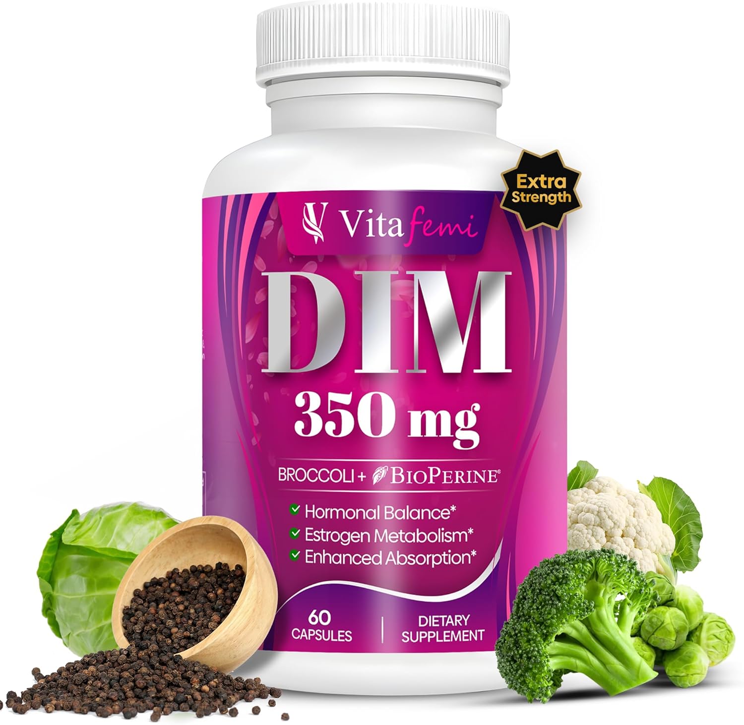 Vitafemi Extra Strength DIM 350mg with BioPerine for Hormone Balance, Estrogen Balance, Acne & Menopause Relief - 60 Capsules