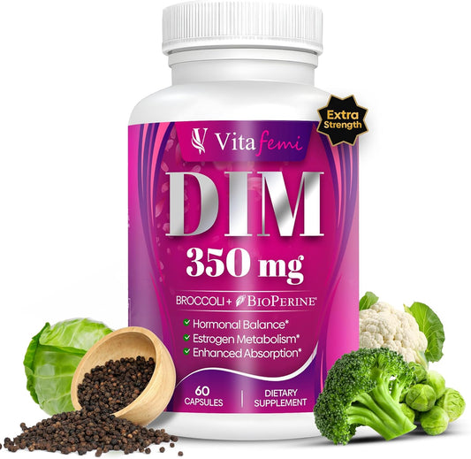 Vitafemi Extra Strength DIM 350mg with BioPerine for Hormone Balance, Estrogen Balance, Acne & Menopause Relief - 60 Capsules