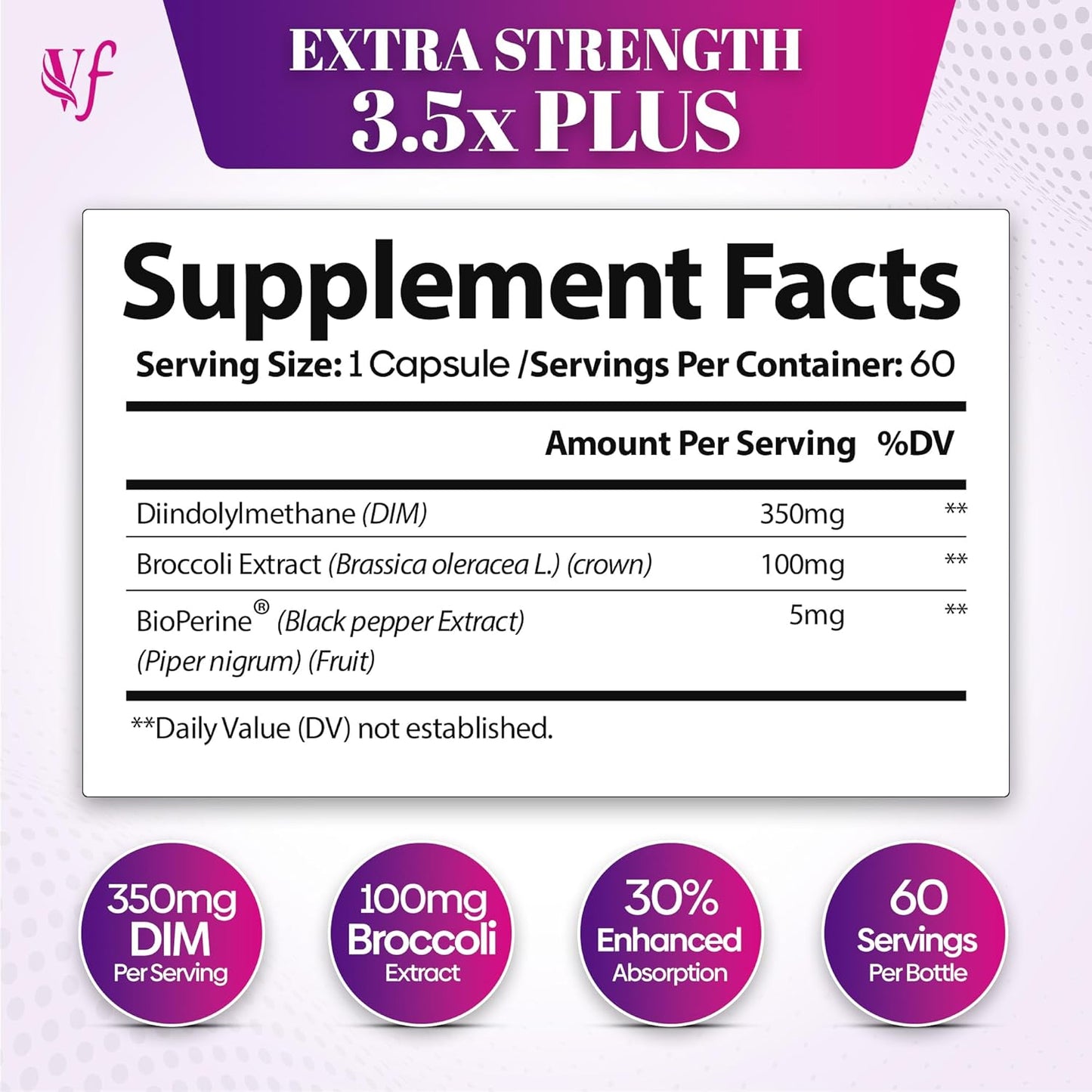 Vitafemi Extra Strength DIM 350mg with BioPerine for Hormone Balance, Estrogen Balance, Acne & Menopause Relief - 60 Capsules