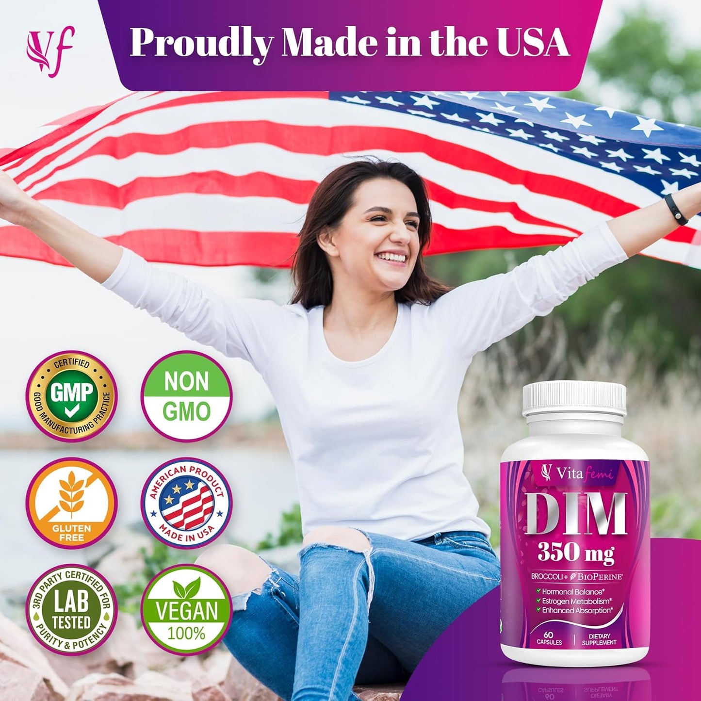 Vitafemi Extra Strength DIM 350mg with BioPerine for Hormone Balance, Estrogen Balance, Acne & Menopause Relief - 60 Capsules