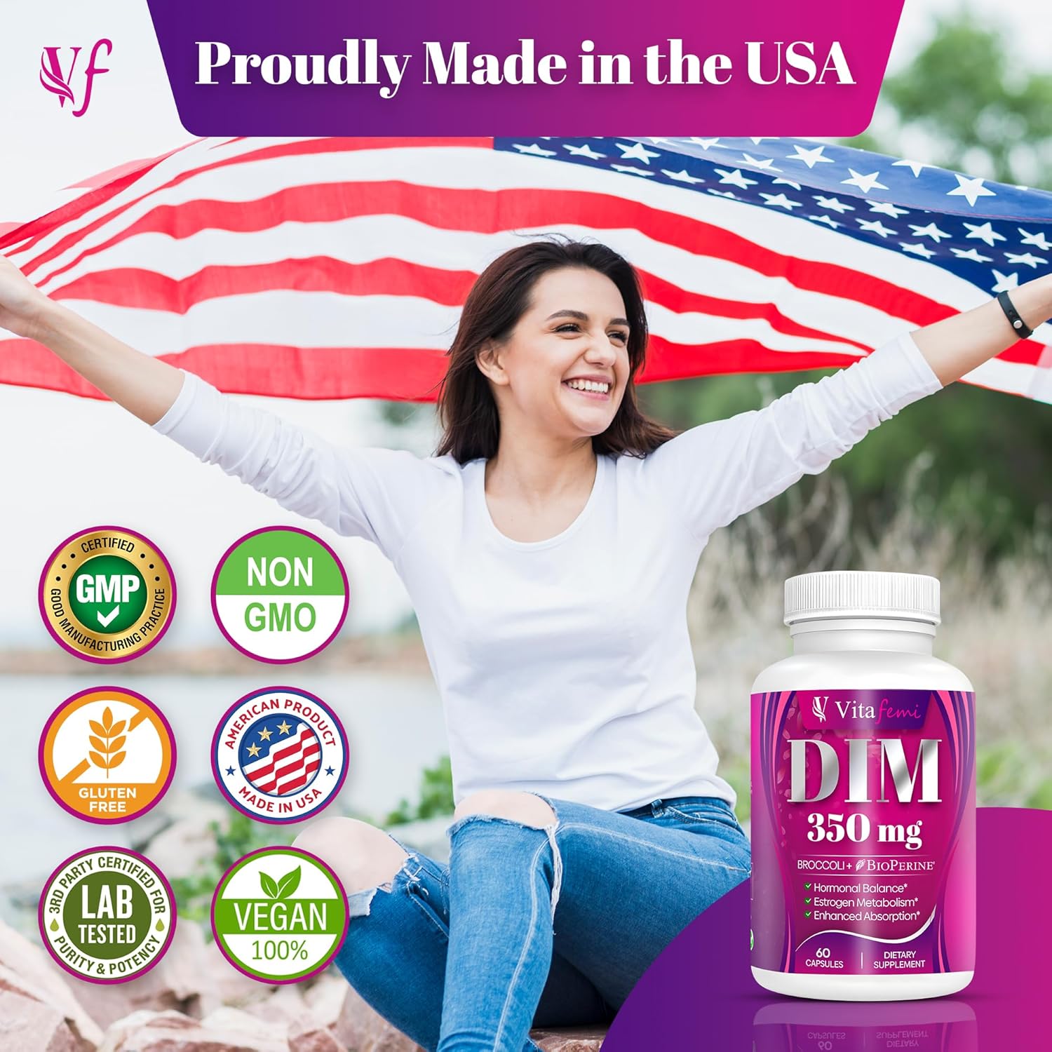 Vitafemi Extra Strength DIM 350mg with BioPerine for Hormone Balance, Estrogen Balance, Acne & Menopause Relief - 60 Capsules