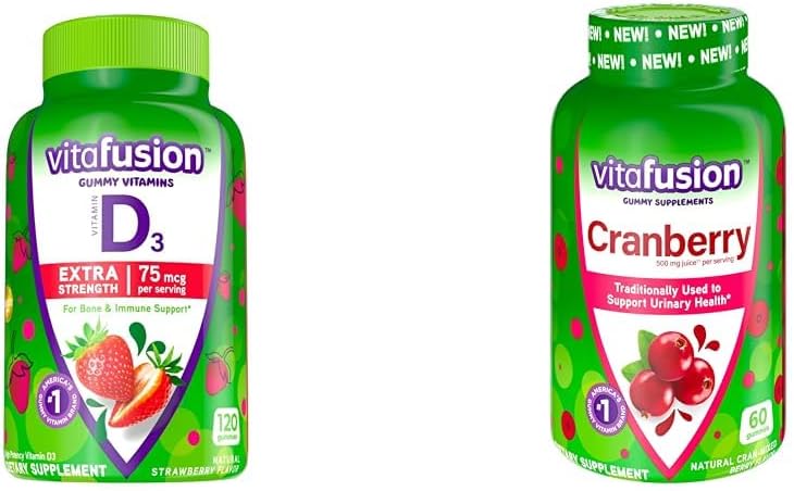Vitafusion Extra Strength Vitamin D3 Gummies for Bone & Immune Support with Cranberry Gummies for Women's Urinary Health (180 Count)