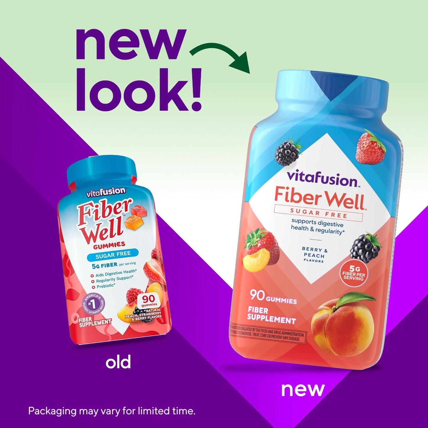 Vitafusion Fiber Well Sugar Free Gummy Supplements, Peach, Strawberry, Blackberry Flavored, 90 Count