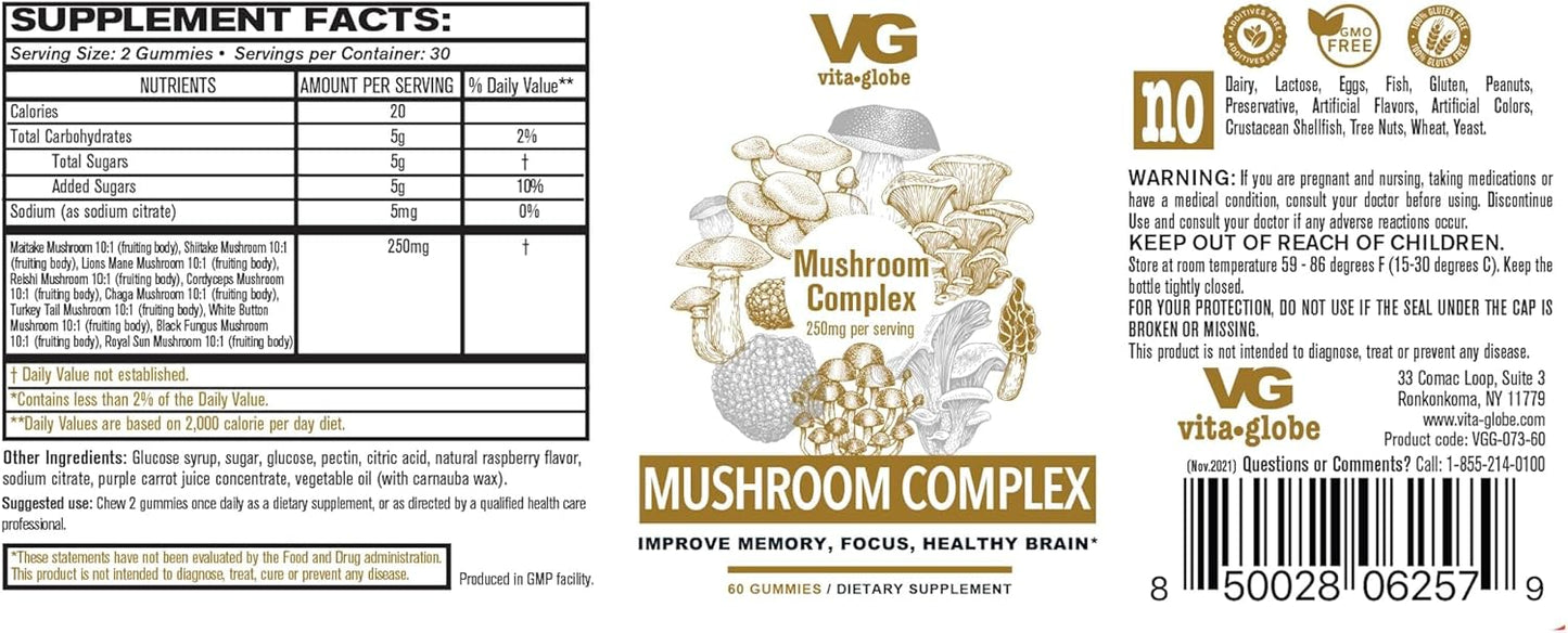 VitaGlobe Mushroom Complex 250mg Gummy Supplement - Immune Defense, Energy & Brain Health Support - 60 Count