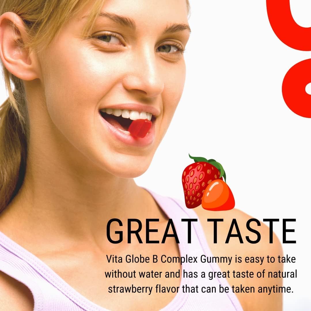 VitaGlobe Strawberry B Complex Gummy with Vitamin C, Niacin, B6, B12 & Biotin - 60 Count for Energy, Heart & Brain Support