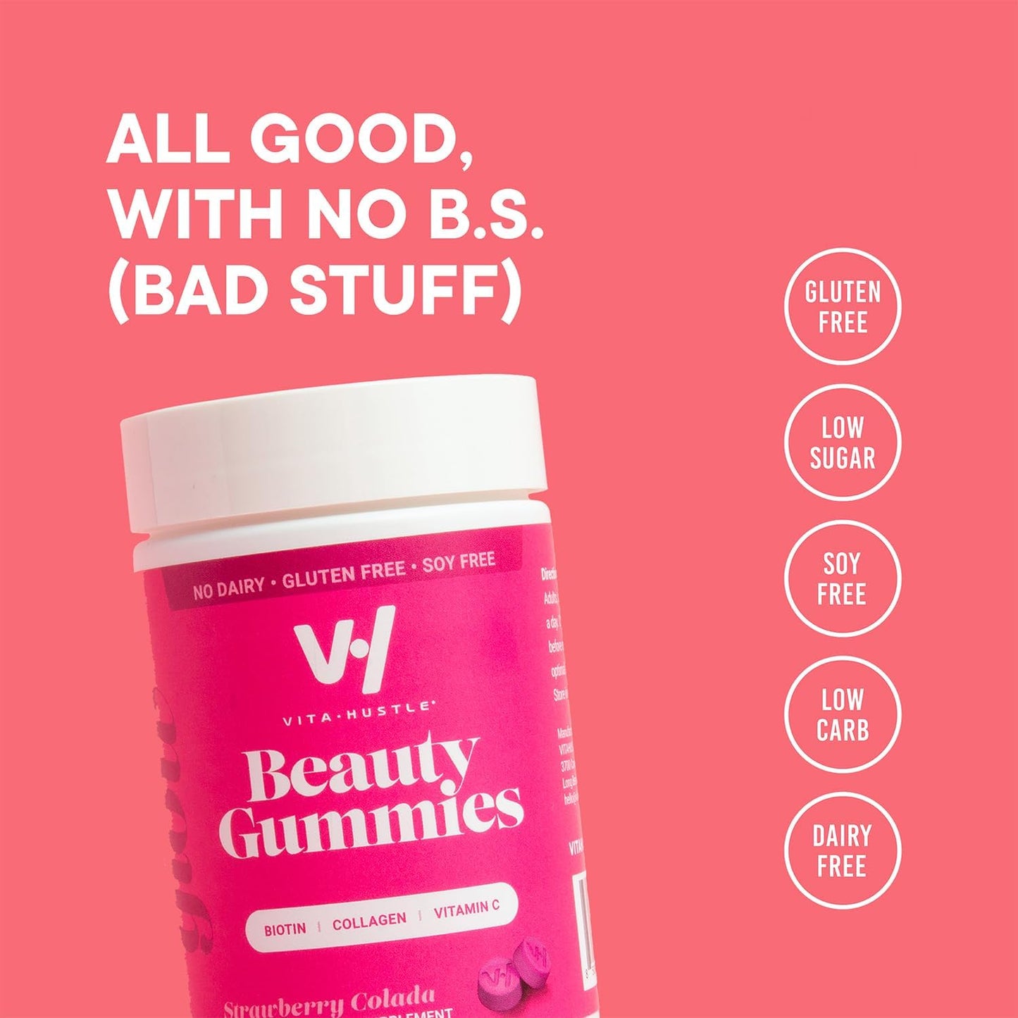 VitaHustle Beauty Gummies: High Biotin & Collagen, Vitamin C, B-Complex, Strong Hair, Skin & Nails, Low Sugar, Non GMO, Strawberry Colada - 50 Count