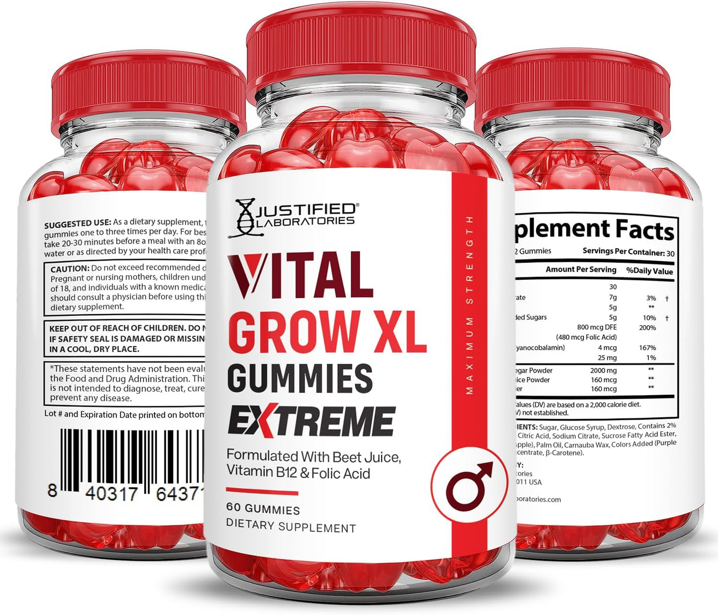 Vital Grow XL Extreme 2000MG Performance Gummies (2 Pack) with ACV, Pomegranate, Beet Juice Powder, B12 - Vegan & Non-GMO - 120 Gummys