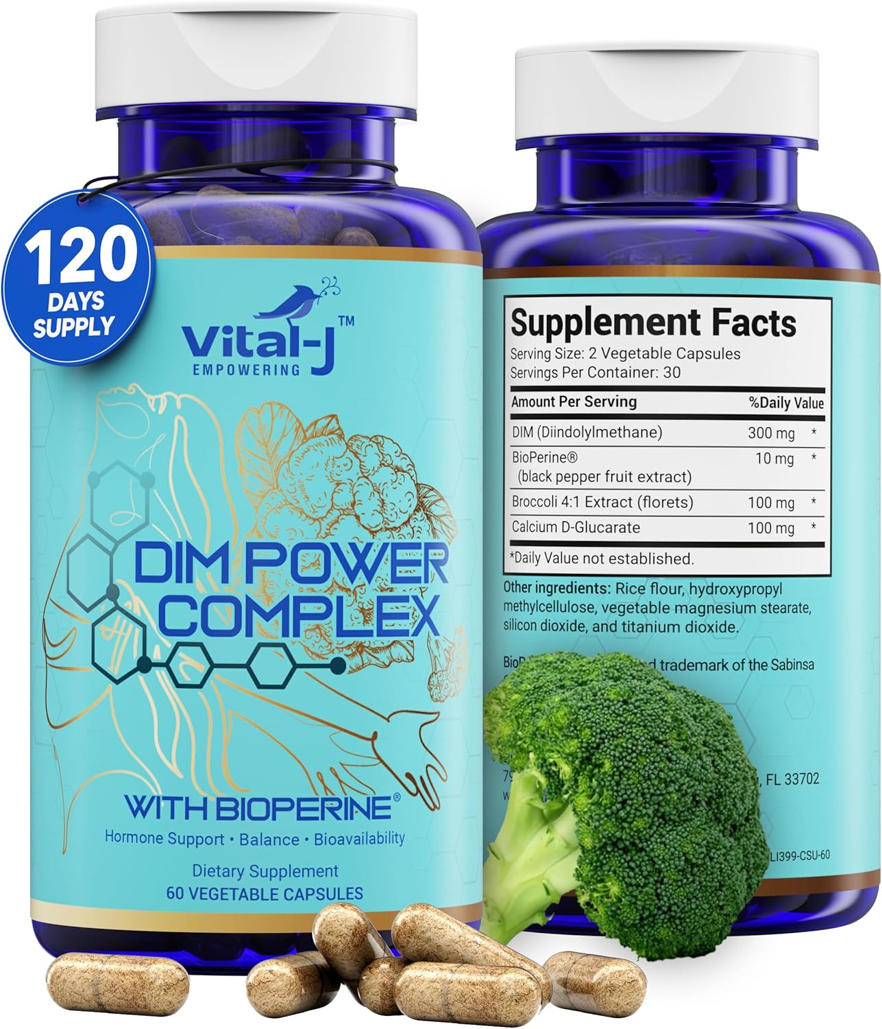 Vital-J 4-in-1 DIM Potent Complex 300mg with Bioperine for Estrogen Balance, Energy, and Menopause Support - Calcium and Broccoli Extract - 120 Servings