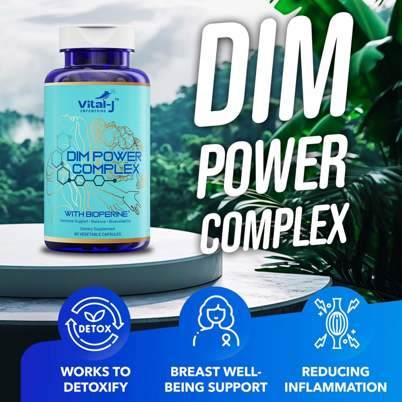 Vital-J 4-in-1 DIM Potent Complex 300mg with Bioperine for Estrogen Balance, Energy, and Menopause Support - Calcium and Broccoli Extract - 120 Servings