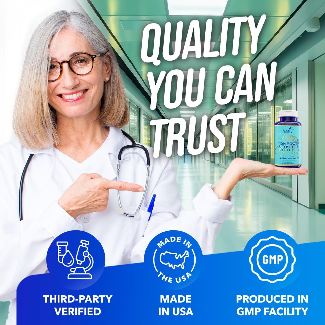 Vital-J 4-in-1 DIM Potent Complex 300mg with Bioperine for Estrogen Balance, Energy, and Menopause Support - Calcium and Broccoli Extract - 120 Servings