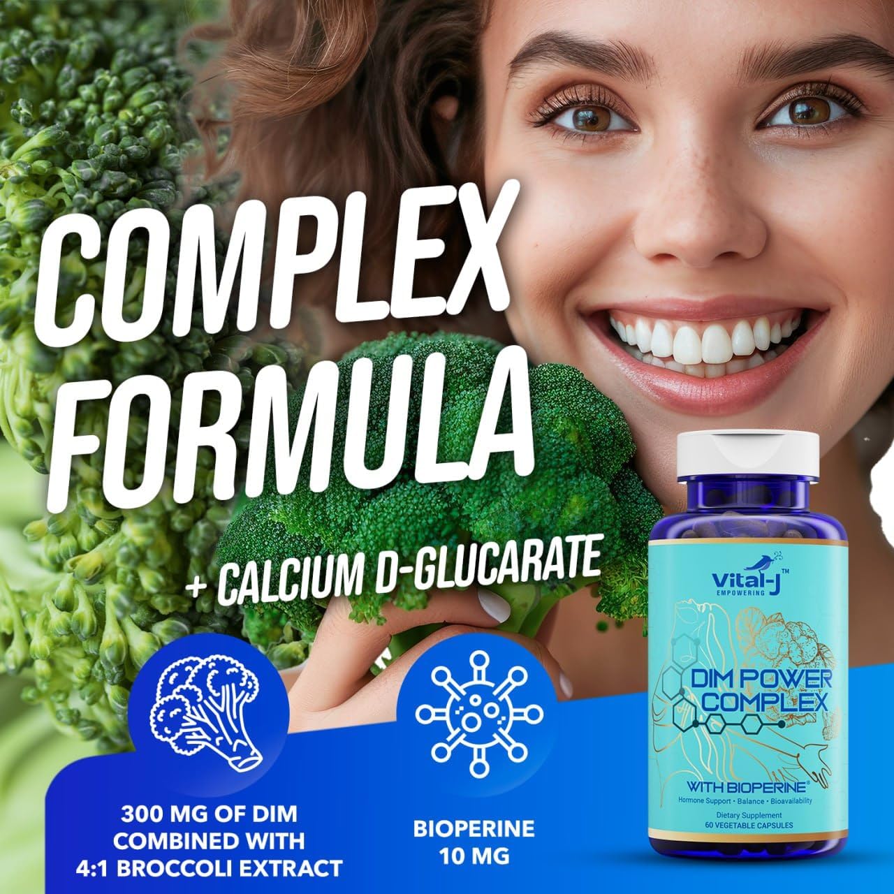Vital-J 4-in-1 DIM Potent Complex 300mg with Bioperine for Estrogen Balance, Energy, and Menopause Support - Calcium and Broccoli Extract - 120 Servings