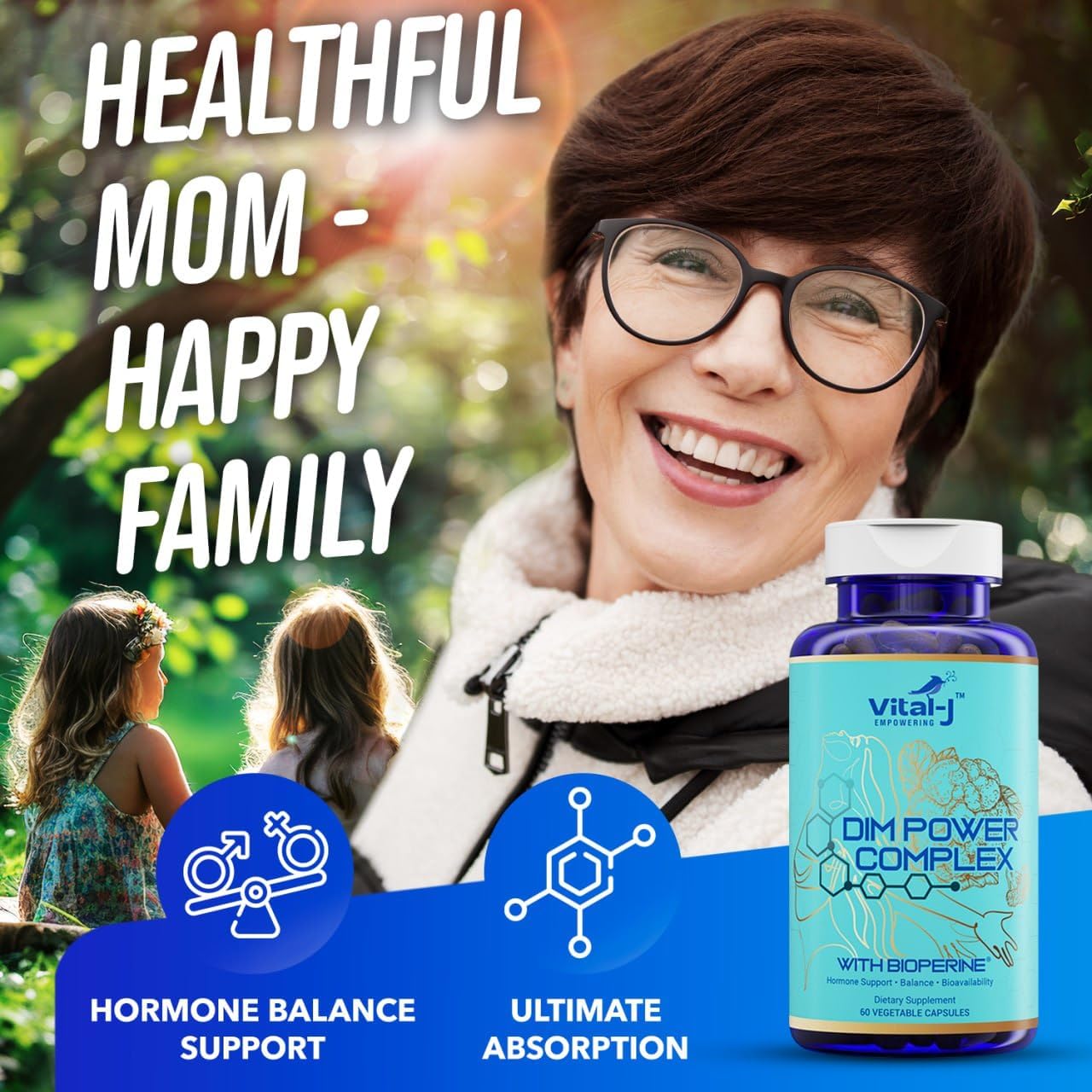 Vital-J 4-in-1 DIM Potent Complex 300mg with Bioperine for Estrogen Balance, Energy, and Menopause Support - Calcium and Broccoli Extract - 120 Servings