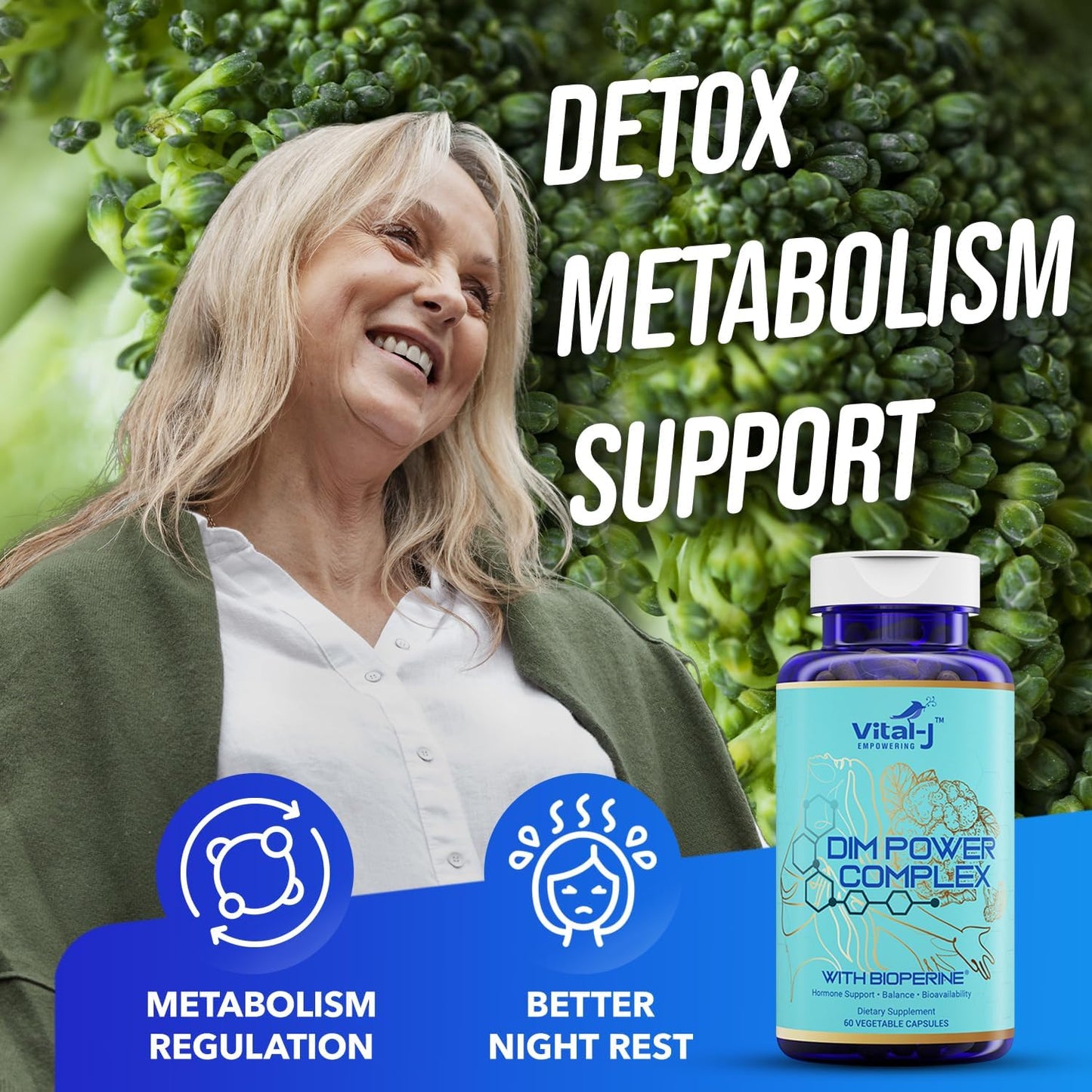 Vital-J 4-in-1 DIM Potent Complex 300mg with Bioperine for Estrogen Balance, Energy, and Menopause Support - Calcium and Broccoli Extract - 120 Servings