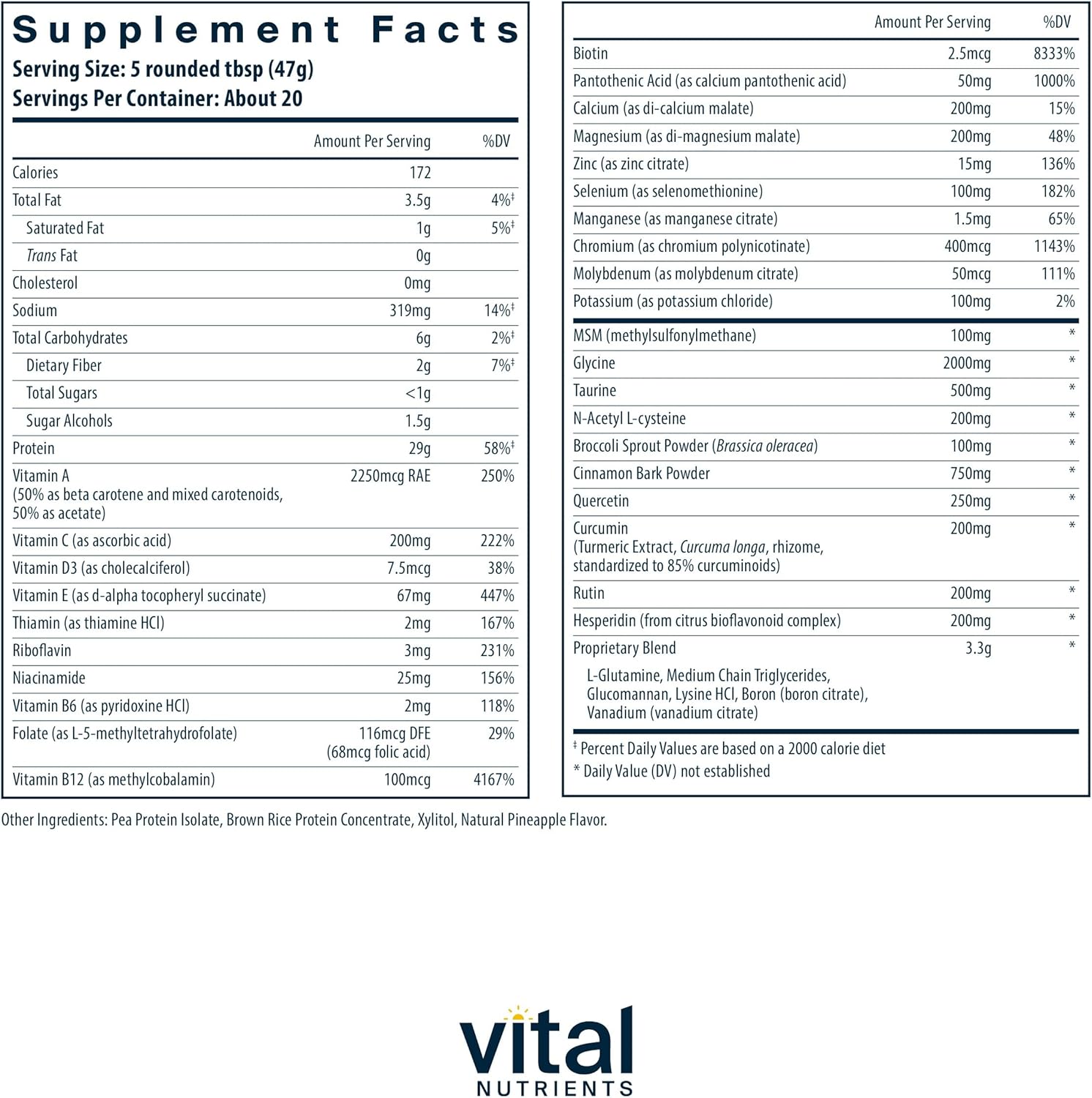 Vital Nutrients Vital Clear Rice and Pea Protein Powder 942g Vegan Supplement for Health and Detox | Gluten, Dairy, Soy Free | Non-GMO | 20 Servings