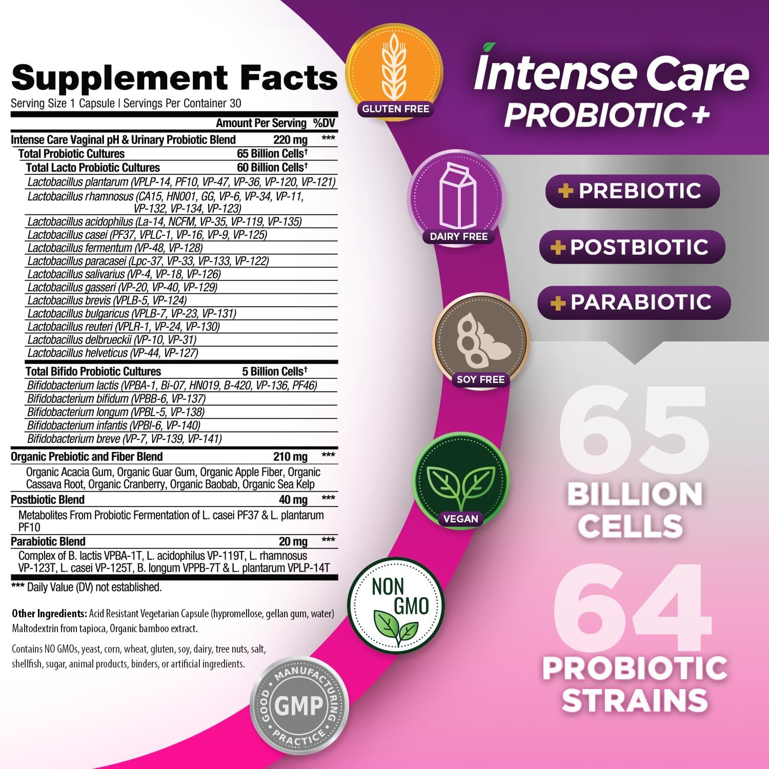 Vital Planet Intense Care Women's Probiotic Supplement - 65 Billion CFU, 64 Strains, 4-in-1 Formula for Vaginal pH, Urinary Health, Digestive & Immune Support - 30 Count