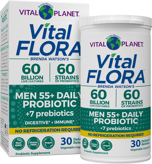 Vital Planet Men Over 55 Daily Probiotic - 60 Billion CFU, Diverse Strains, Organic Prebiotics - Immune & Digestive Support - 30 Capsules