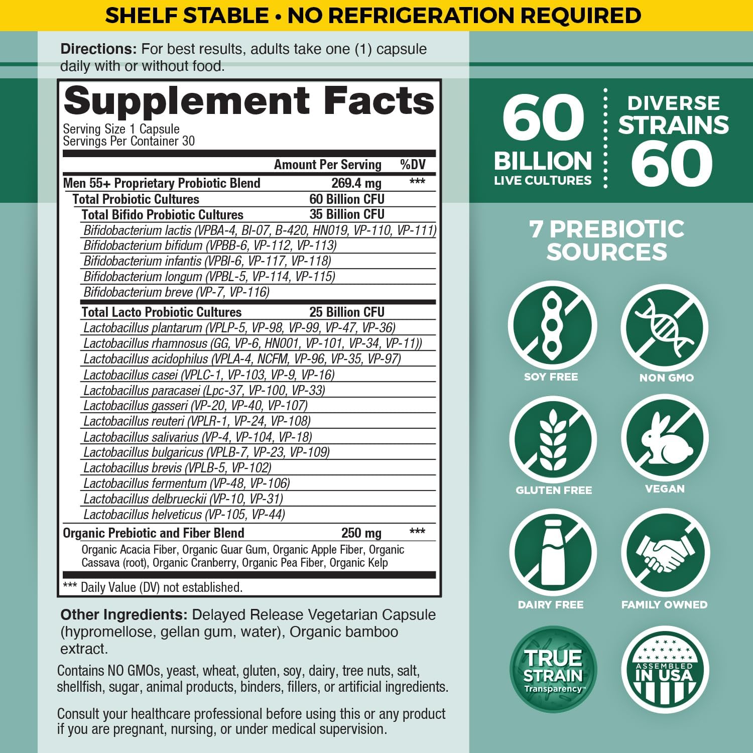 Vital Planet Men Over 55 Daily Probiotic - 60 Billion CFU, Diverse Strains, Organic Prebiotics - Immune & Digestive Support - 30 Capsules