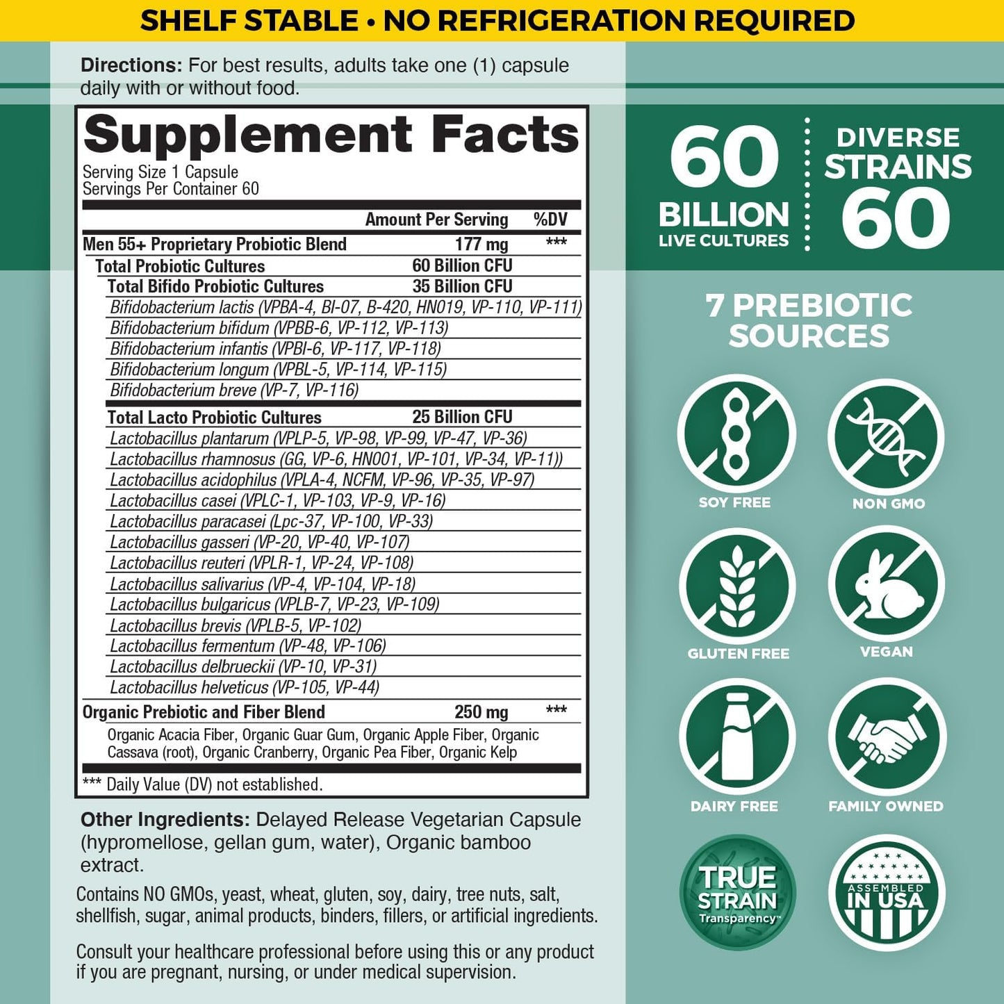 Vital Planet Men's Over 55 Daily Probiotic - 60 Billion CFU, Organic Prebiotics, Immune & Digestive Support, 60 Capsules