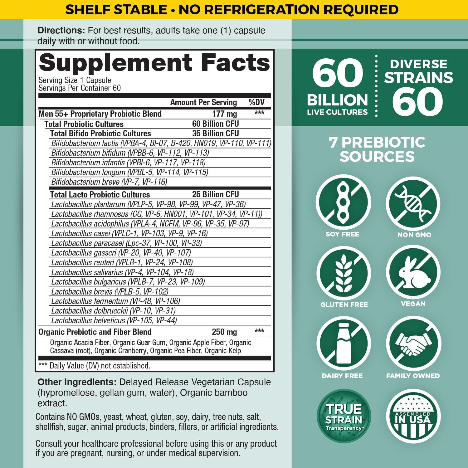 Vital Planet Men's Over 55 Daily Probiotic - 60 Billion CFU, Organic Prebiotics, Immune & Digestive Support, 60 Capsules